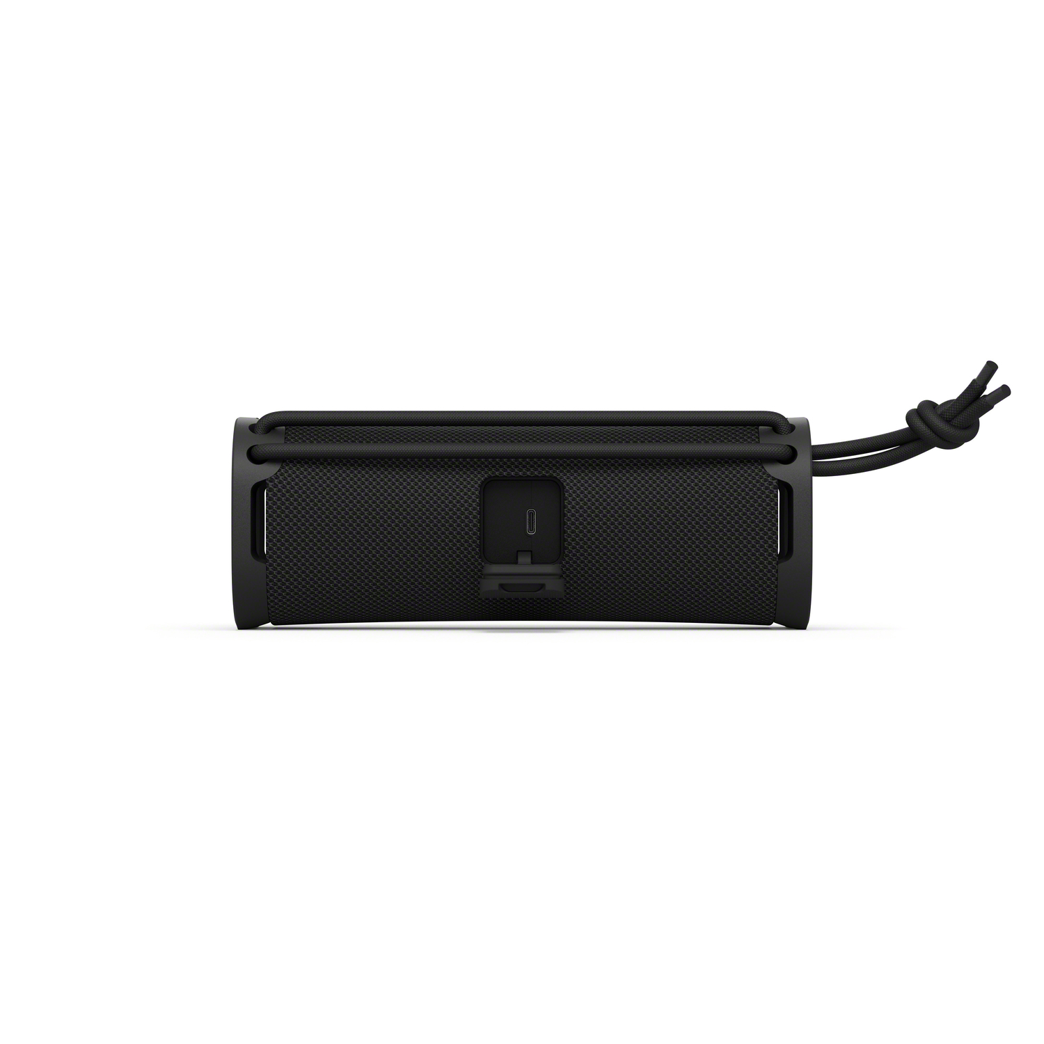 Black speaker with a rope. The back with the charging port is visible.