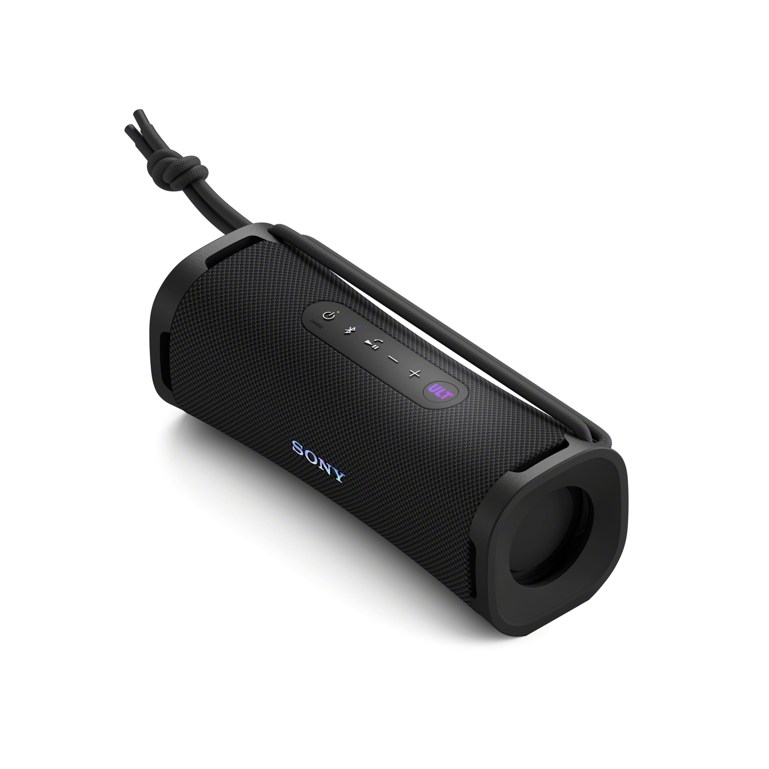 A black speaker with a handle and the Sony logo on a white background.
