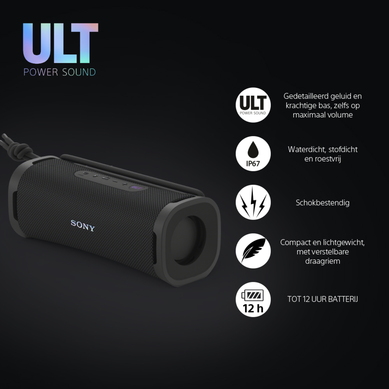 Black Sony ULT Power Sound speaker with features icons and text on a dark background.