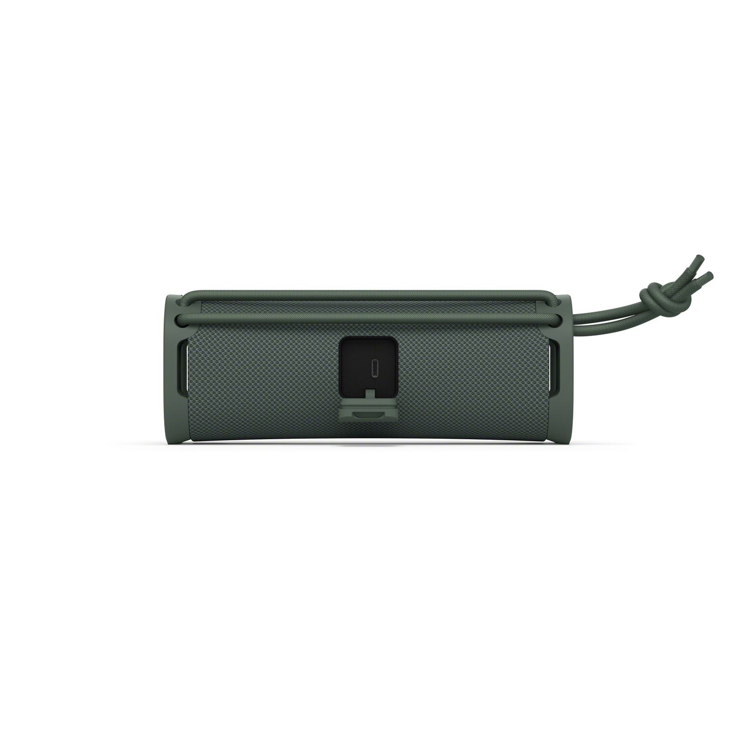 Enceinte Sony verte avec poignée en corde blanche et port de charge.