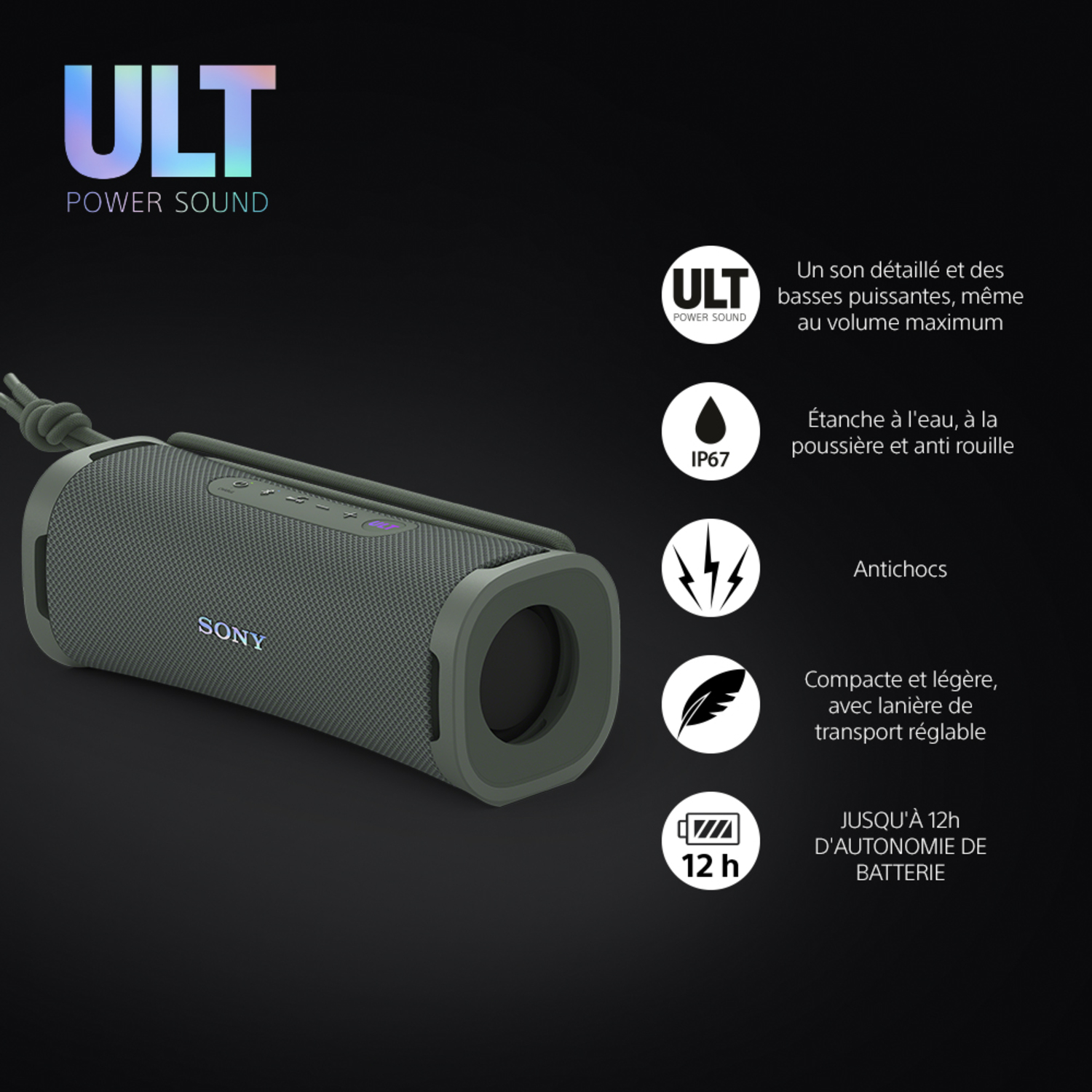 Haut-parleur vert avec le mot SONY. Le texte dit : son puissant, étanche, antichoc, compact et batterie 12h.