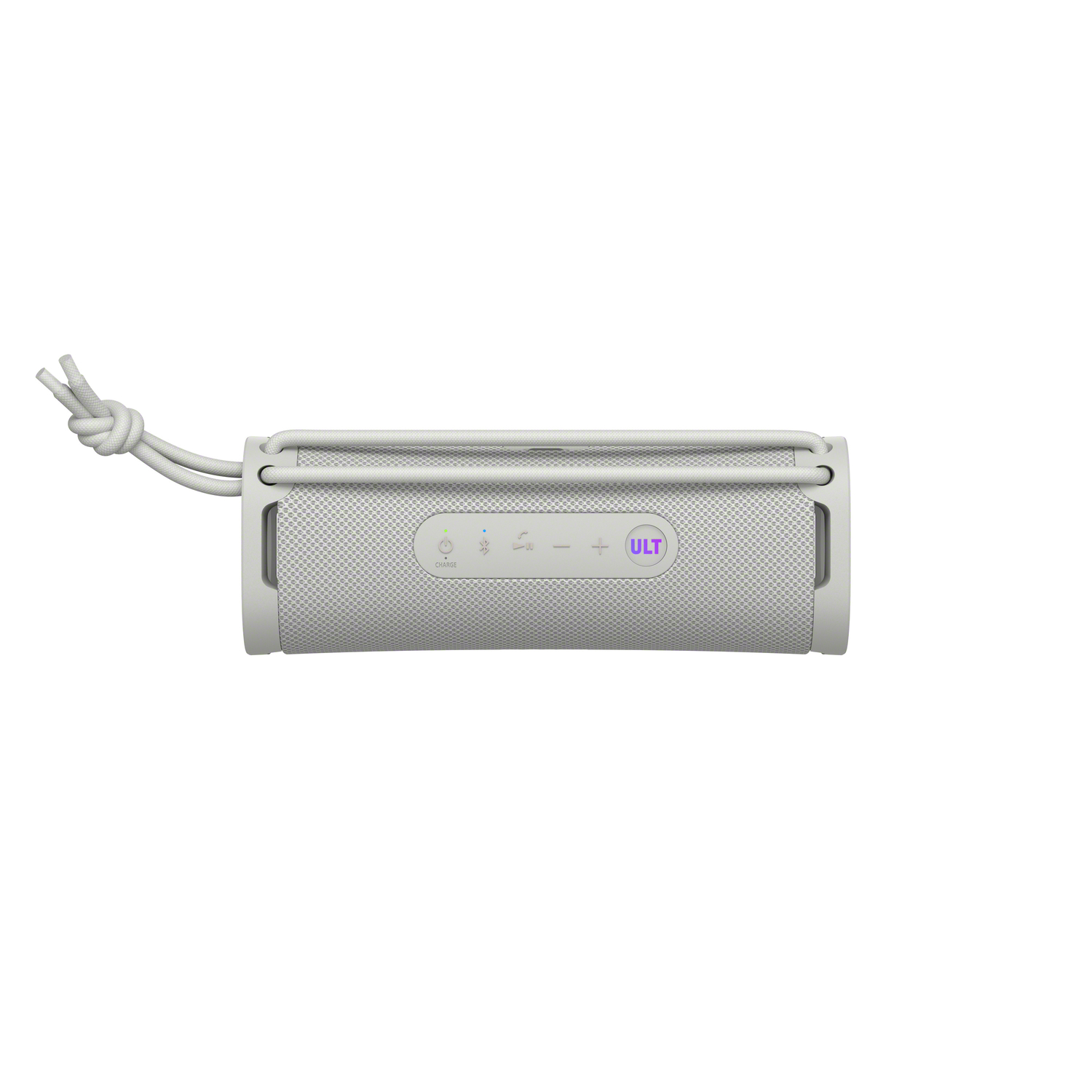 Enceinte Sony blanche avec boutons et poignée en corde blanche. Fond noir.