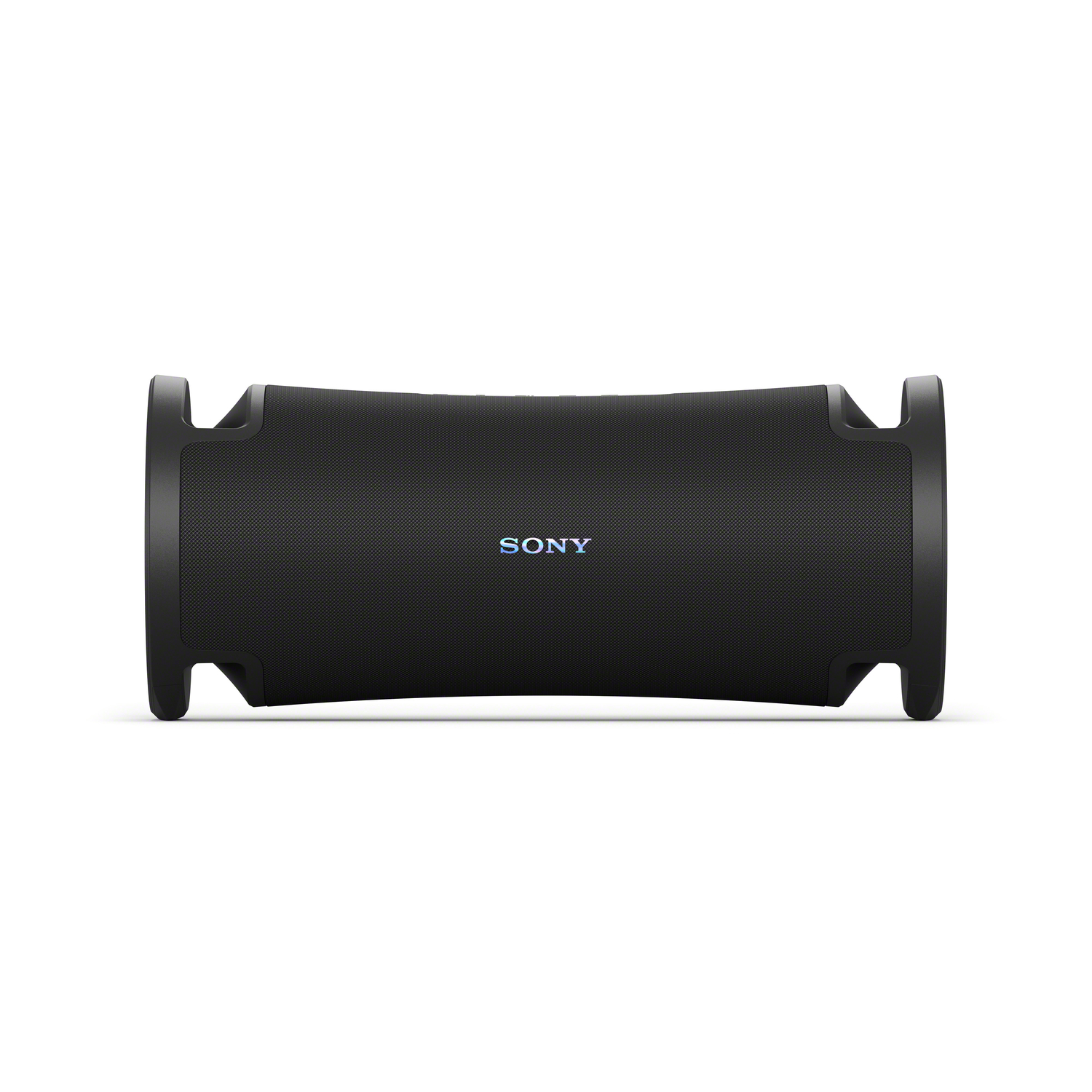 Black Sony Bluetooth speaker. Rectangular shape, two curved side handles. Sony logo in blue.