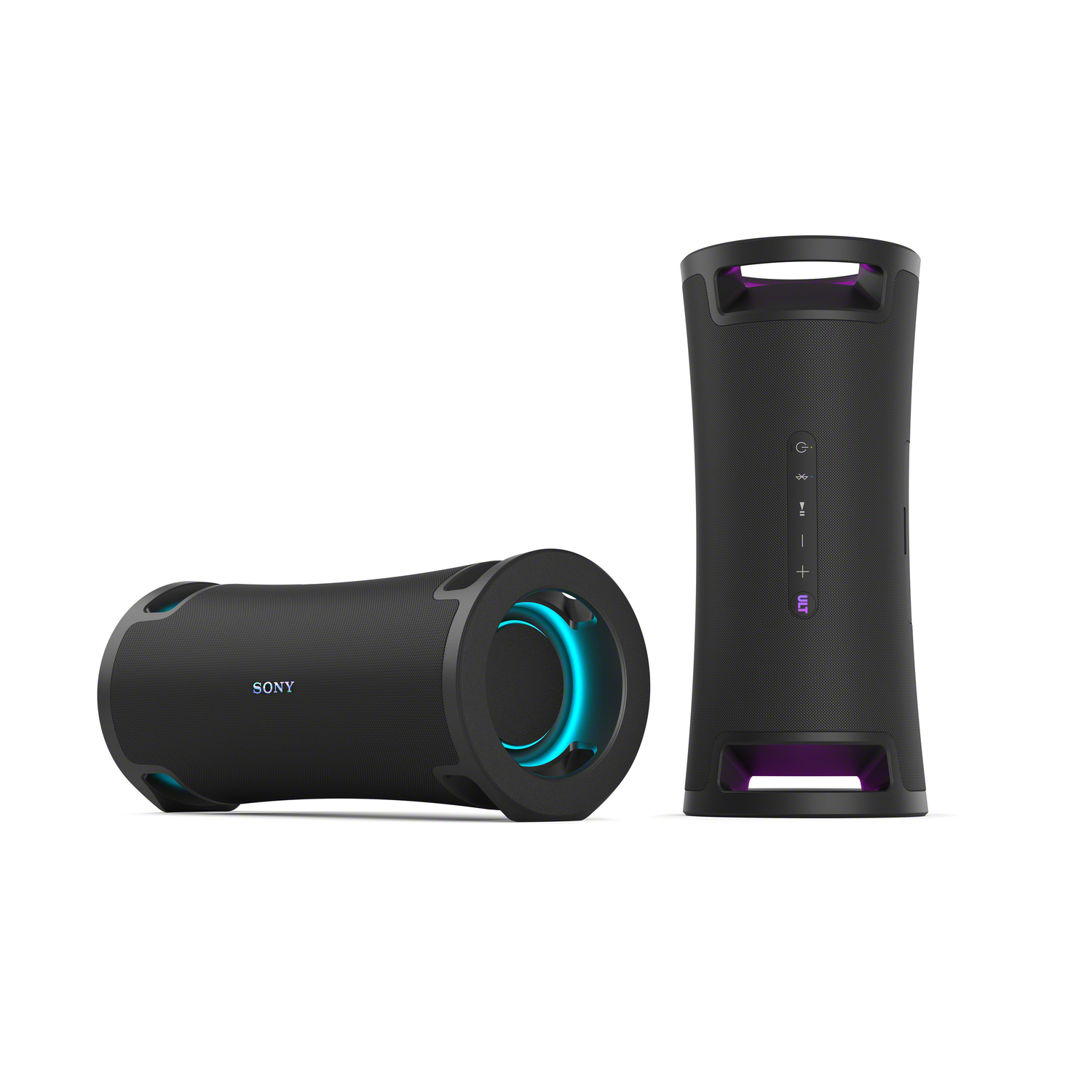 Two black Sony speakers. One is on its side, the other is upright with glowing lights.