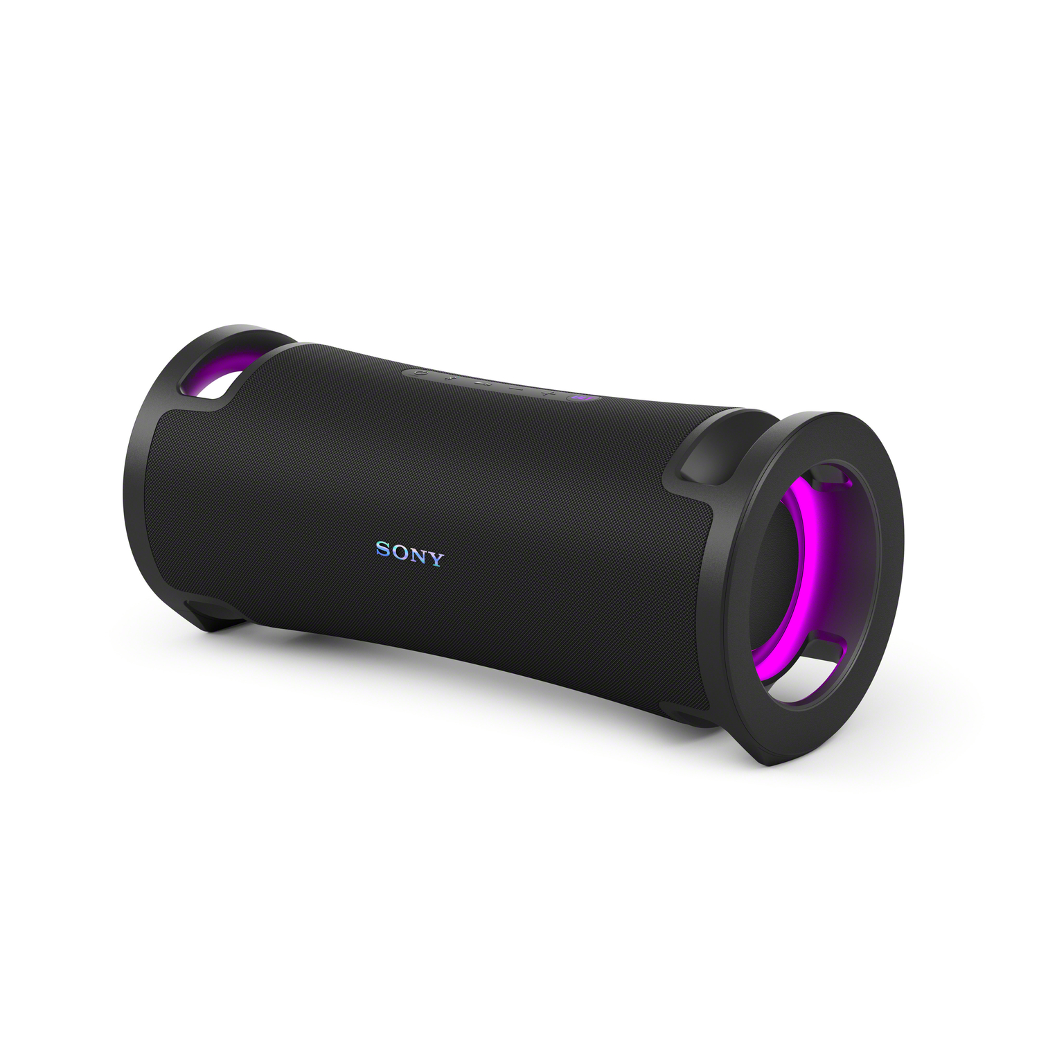 Black Sony speaker with purple accents, cylindrical shape.
