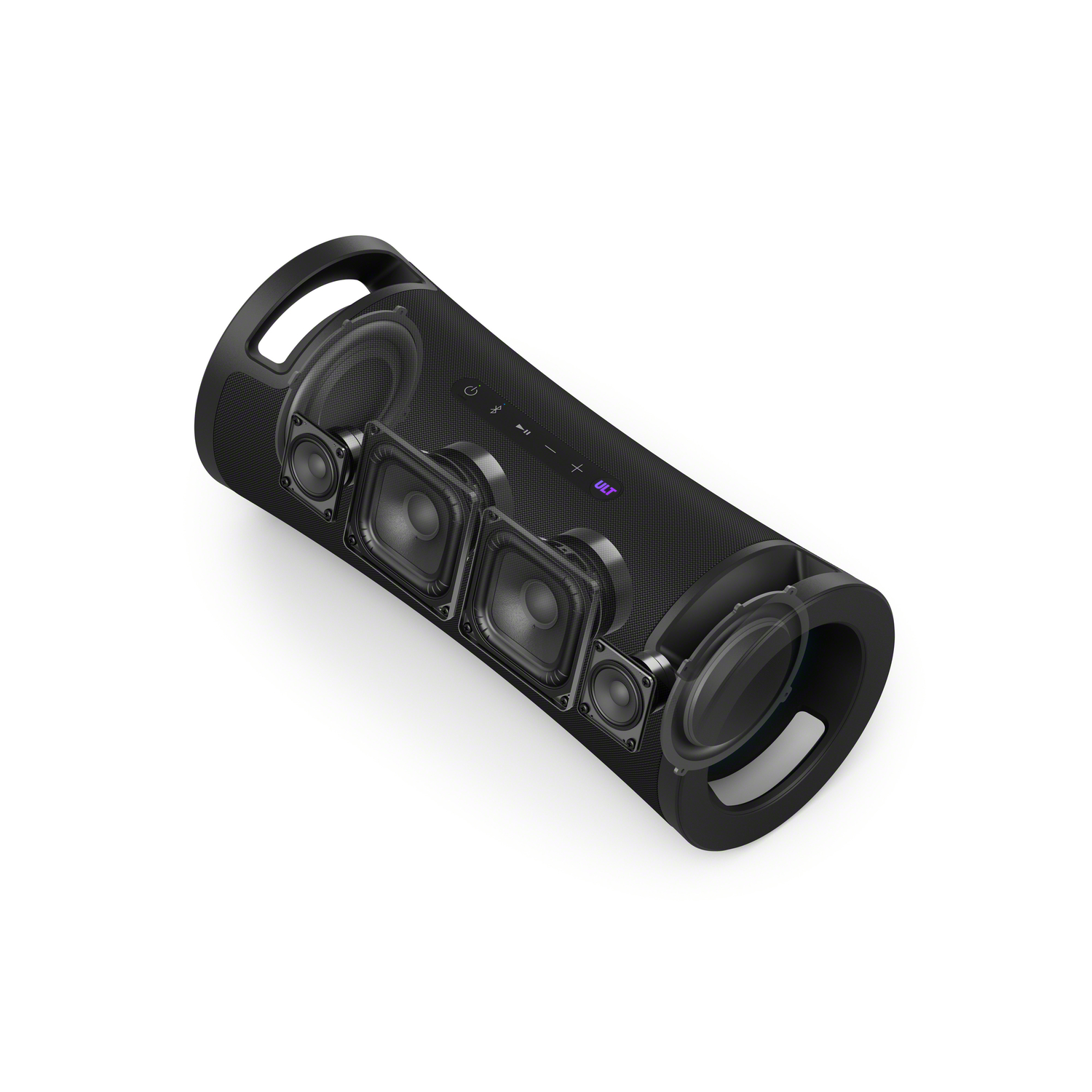Black speaker with cut-out showing internal components, with two handles.