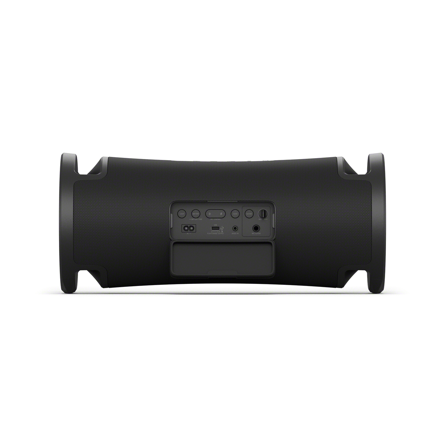 Black, cylindrical speaker. It has buttons and ports on the back and handles on the sides.
