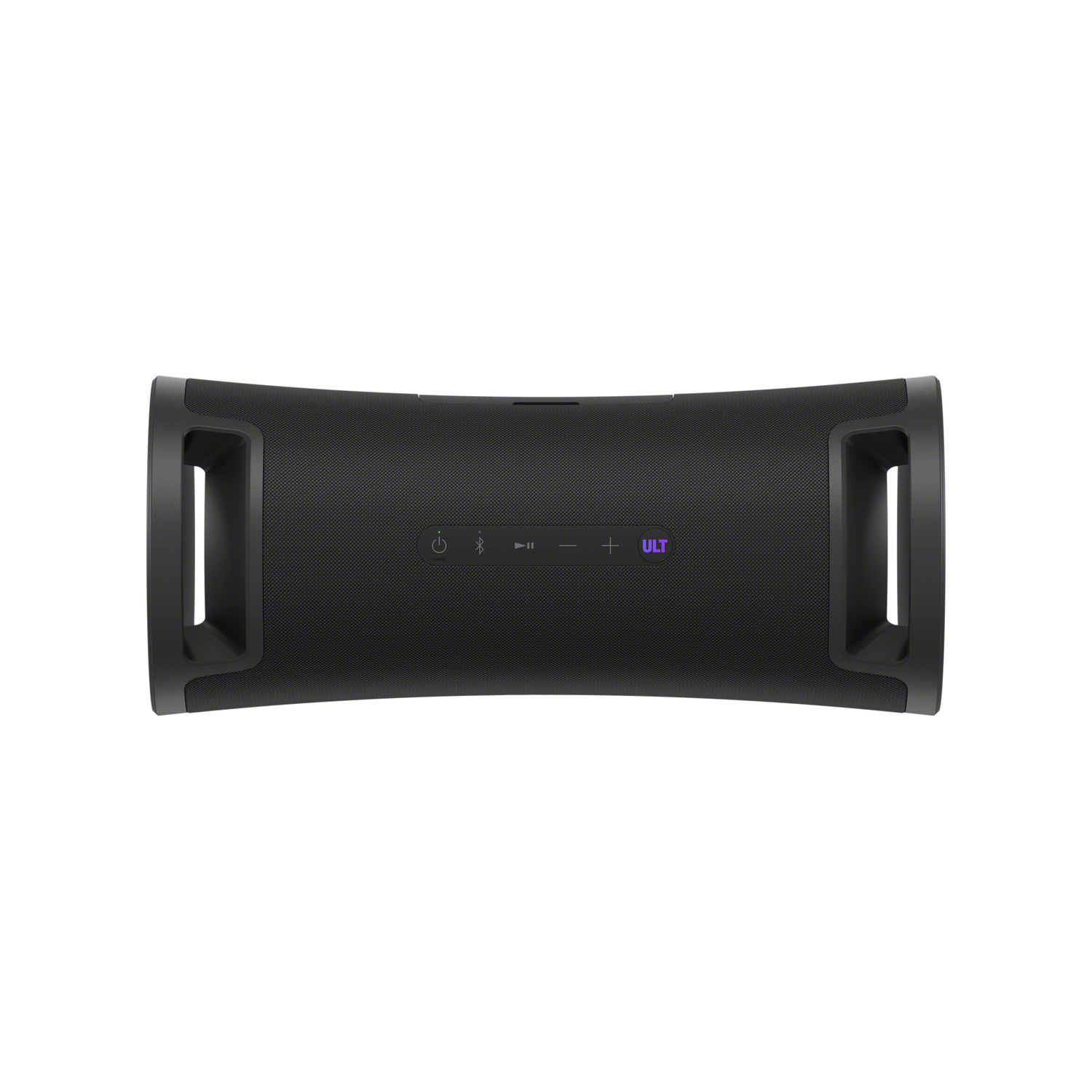 A black portable speaker with control buttons. It has a curved shape with handles.