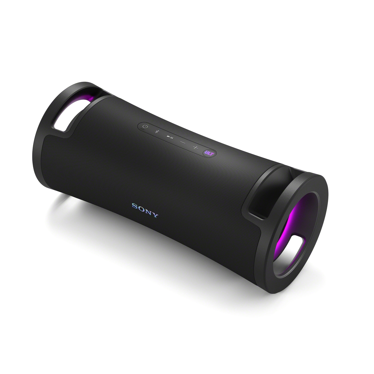 Black Sony speaker with purple lights, buttons, and handle. Angled view.