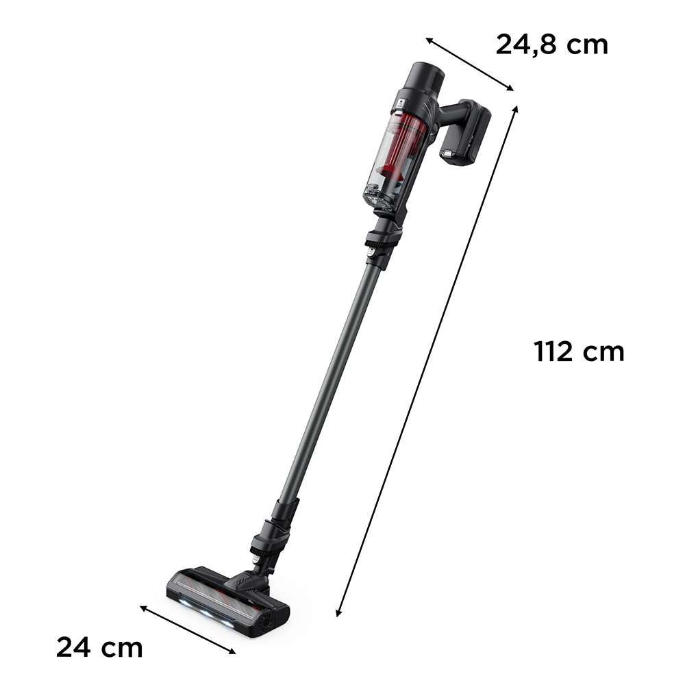 Egy fekete-szürke porszívó méretekkel: 112 cm hosszú, 24,8 cm széles.