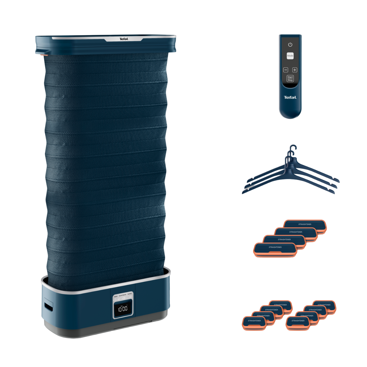 Blau-weißer Kleidungsdämpfer mit Zubehör und Fernbedienung.