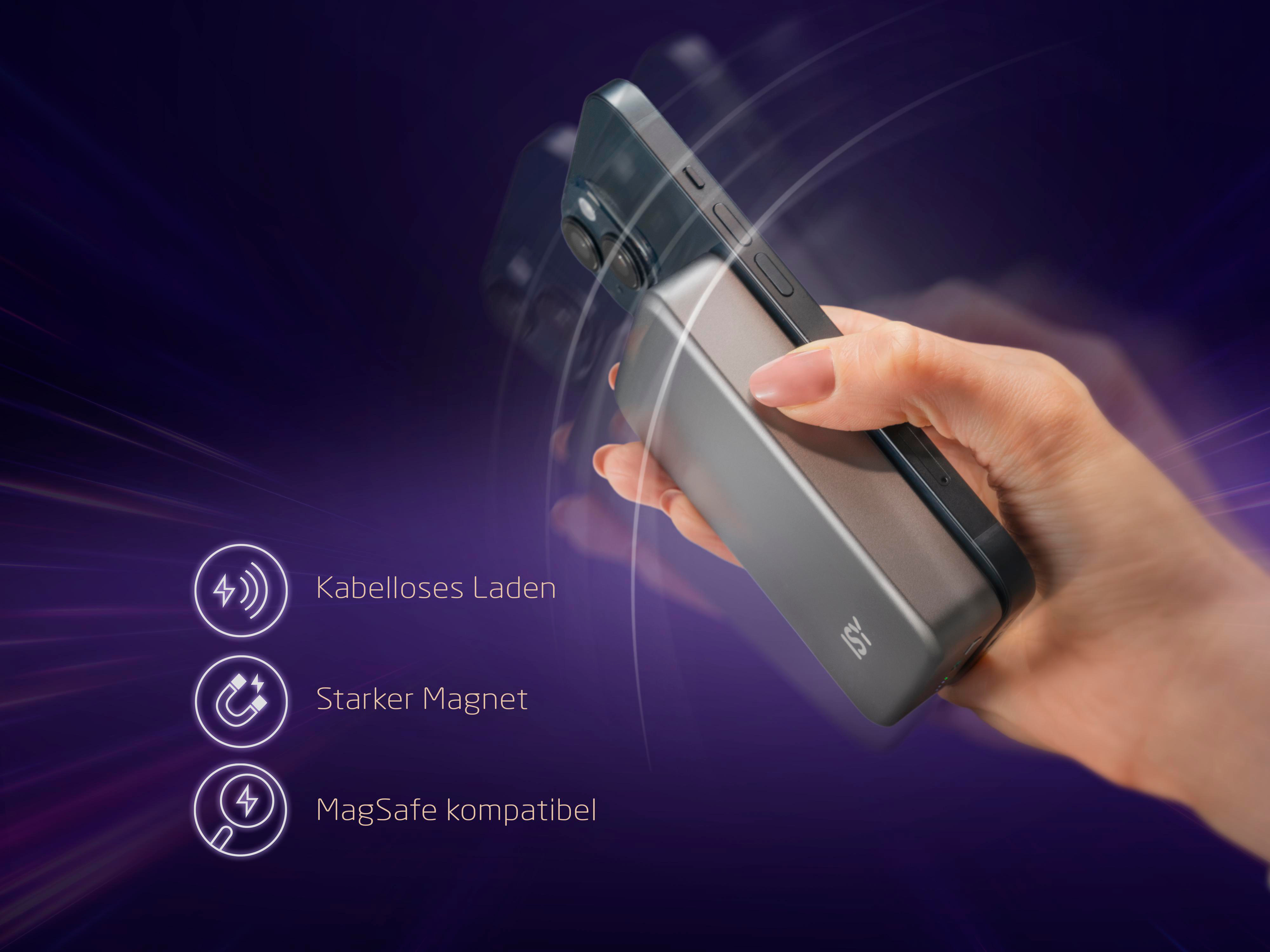 Hand hält Telefon mit Ladegerät. Symbole für kabelloses Laden, Magnet und MagSafe.