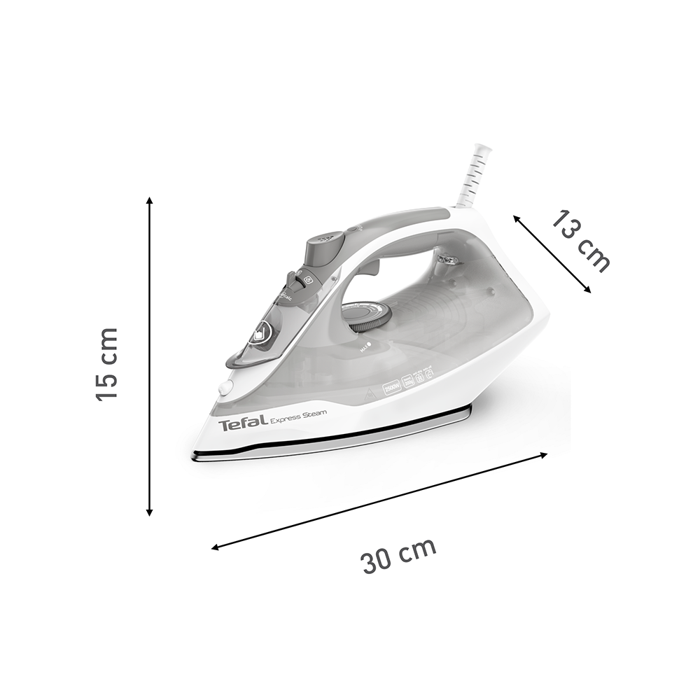 Fehér-szürke vasaló, méretekkel: 30 cm hosszú, 15 cm magas, 13 cm széles.