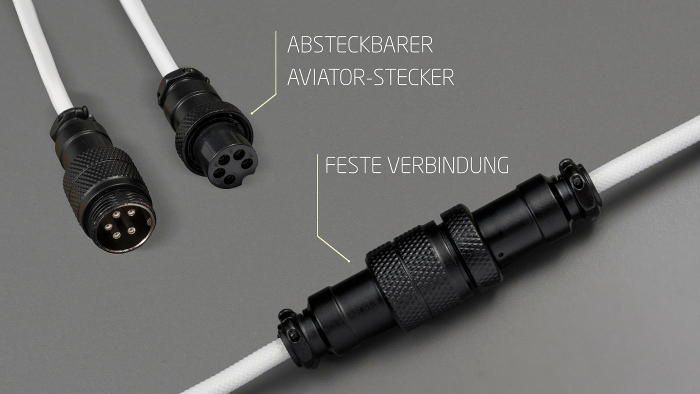 Nahaufnahme von zwei schwarzen Steckern, einer in ein weißes Kabel gesteckt. Text zeigt die Art der Verbindung.