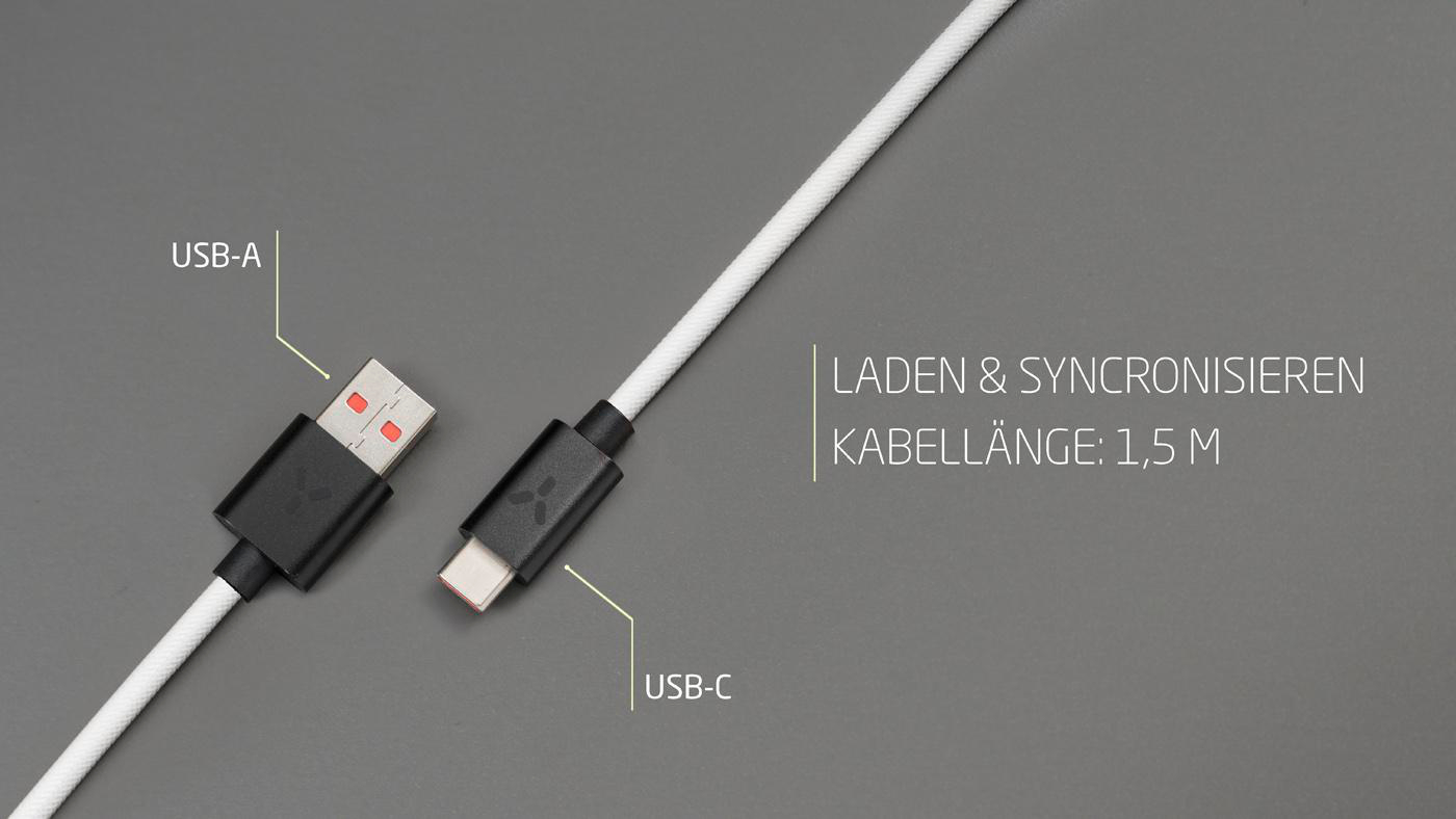 USB-A- und USB-C-Anschlüsse an einem weißen Kabel vor grauem Hintergrund. Text: Laden & Synchronisieren.
