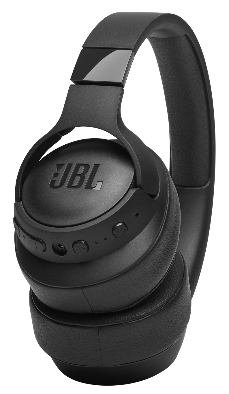 Fekete JBL fejhallgató. Gombok a jobb oldali fülkagylón. Fekete háttér.