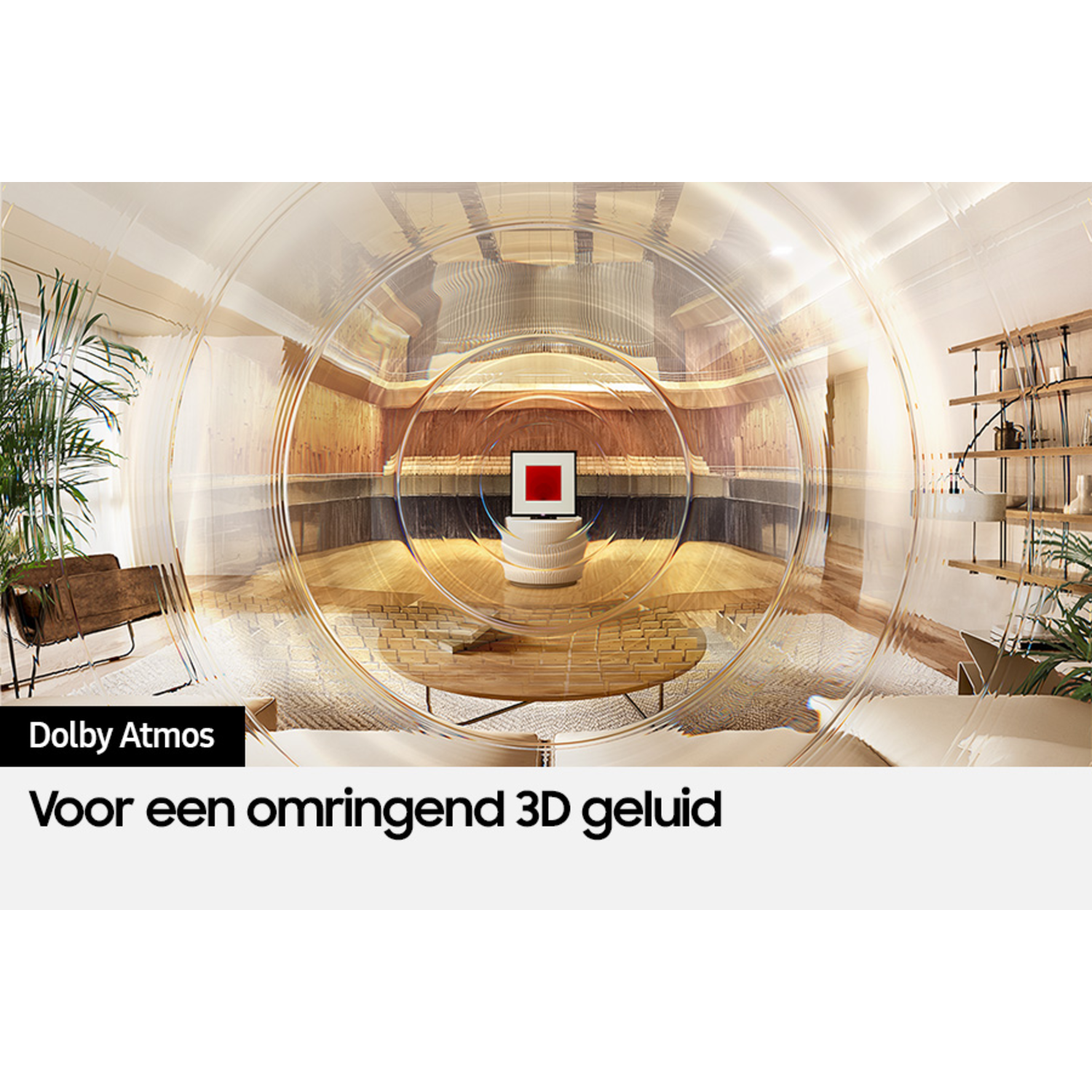 Living room with a TV showing a circle. Text about Dolby Atmos and surround sound.