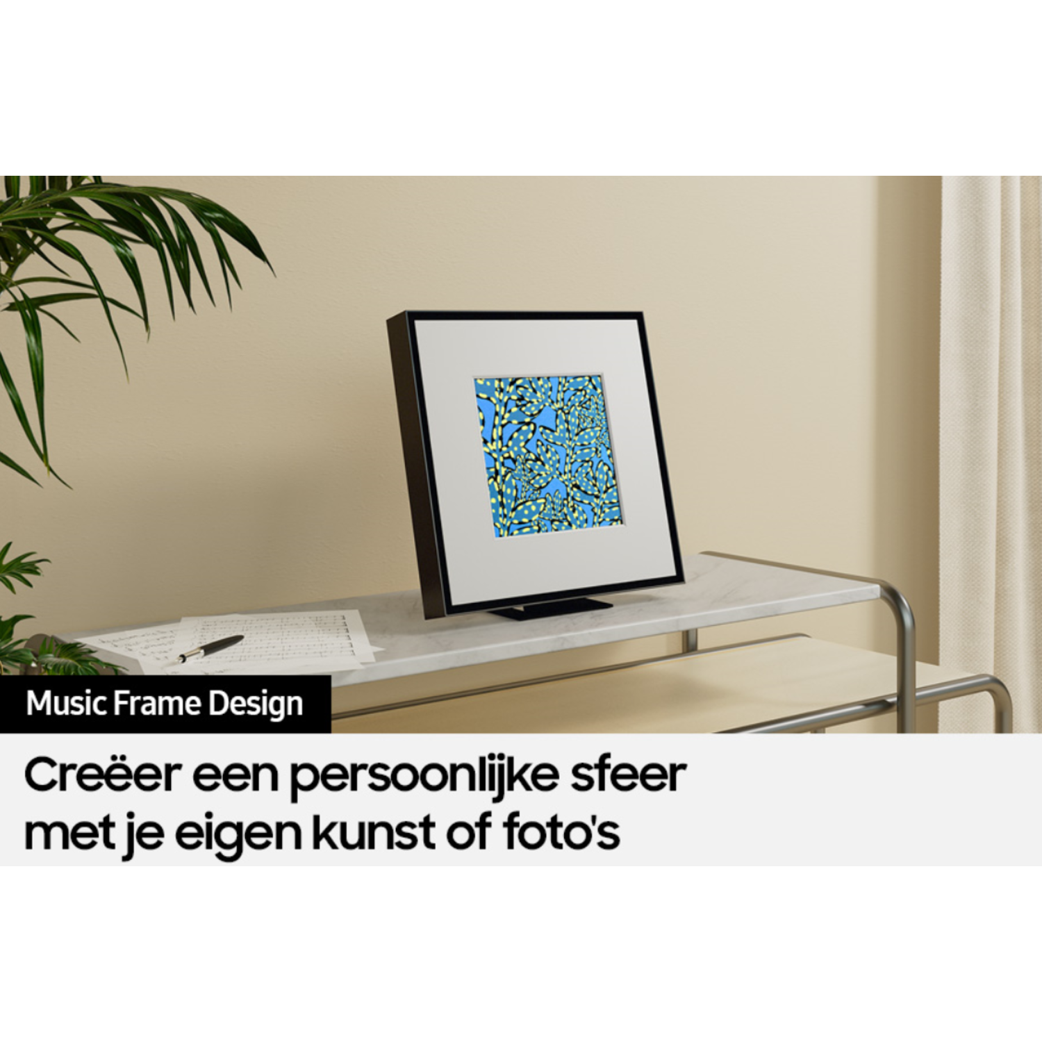 A framed art print on a marble table, with text below.