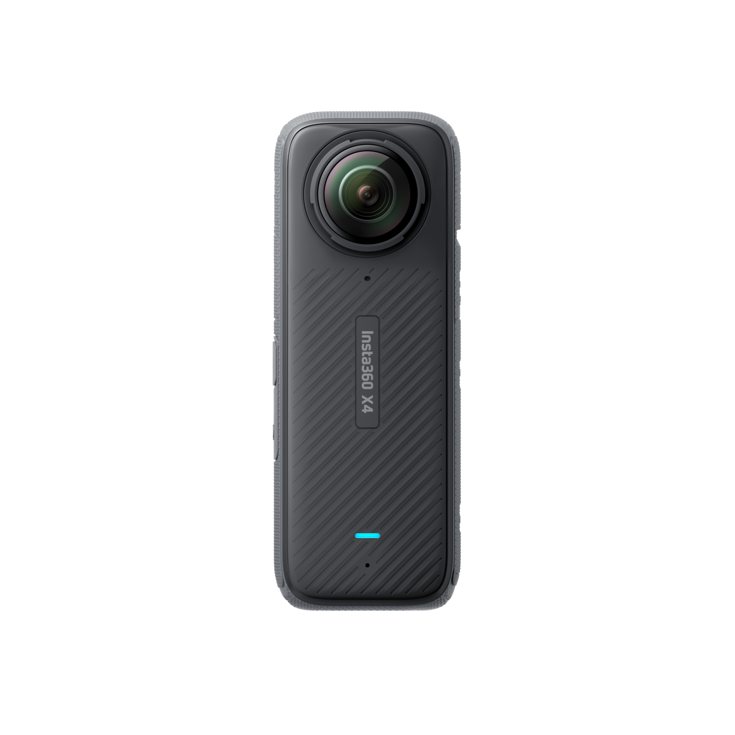 Een zwarte Insta360 X4 camera. Hij is lang en cilindrisch. De lens is zichtbaar.