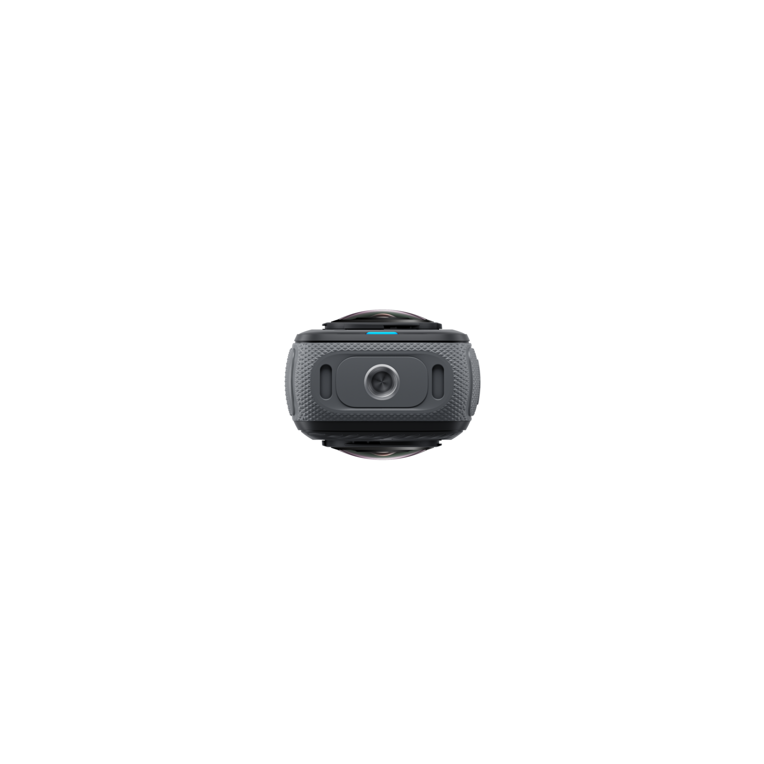 Bovenaanzicht van een donkergrijze bolvormige camera met meerdere lenzen tegen een zwarte achtergrond.