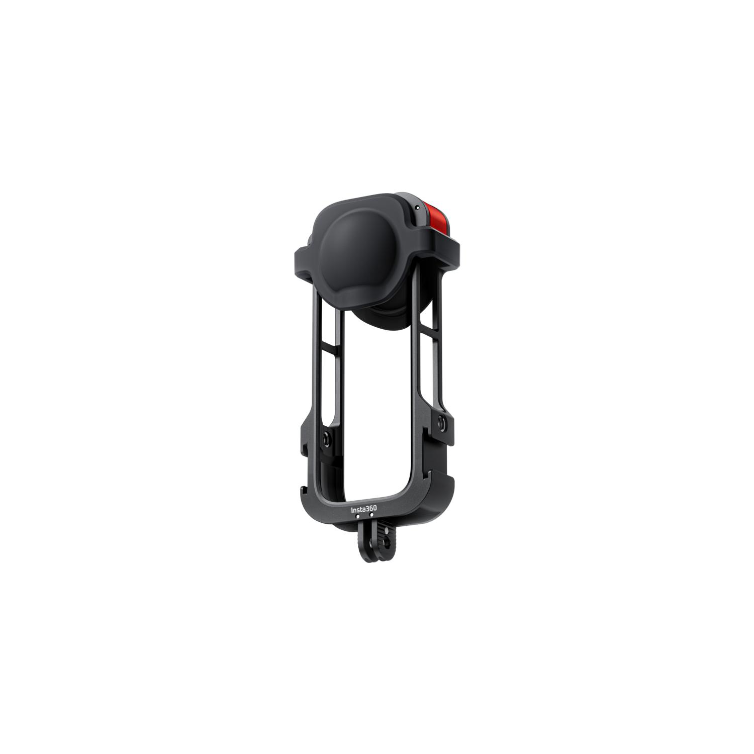 Black Insta360 camera frame. It has a red button and a mount for the camera.