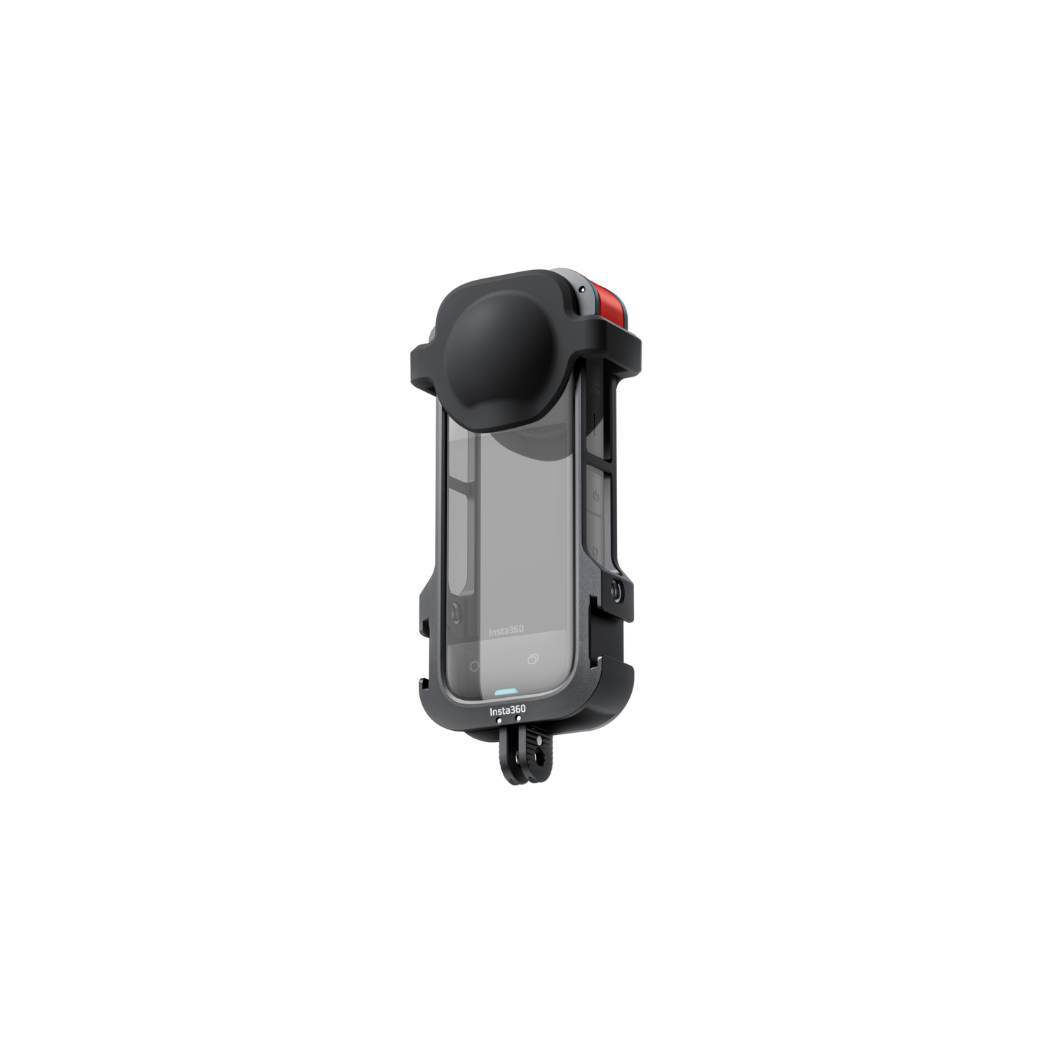 Black action camera case with a red button, on a black background.