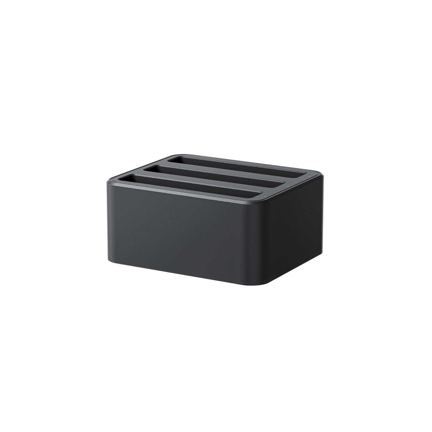Black square holder with three slots. Black background.