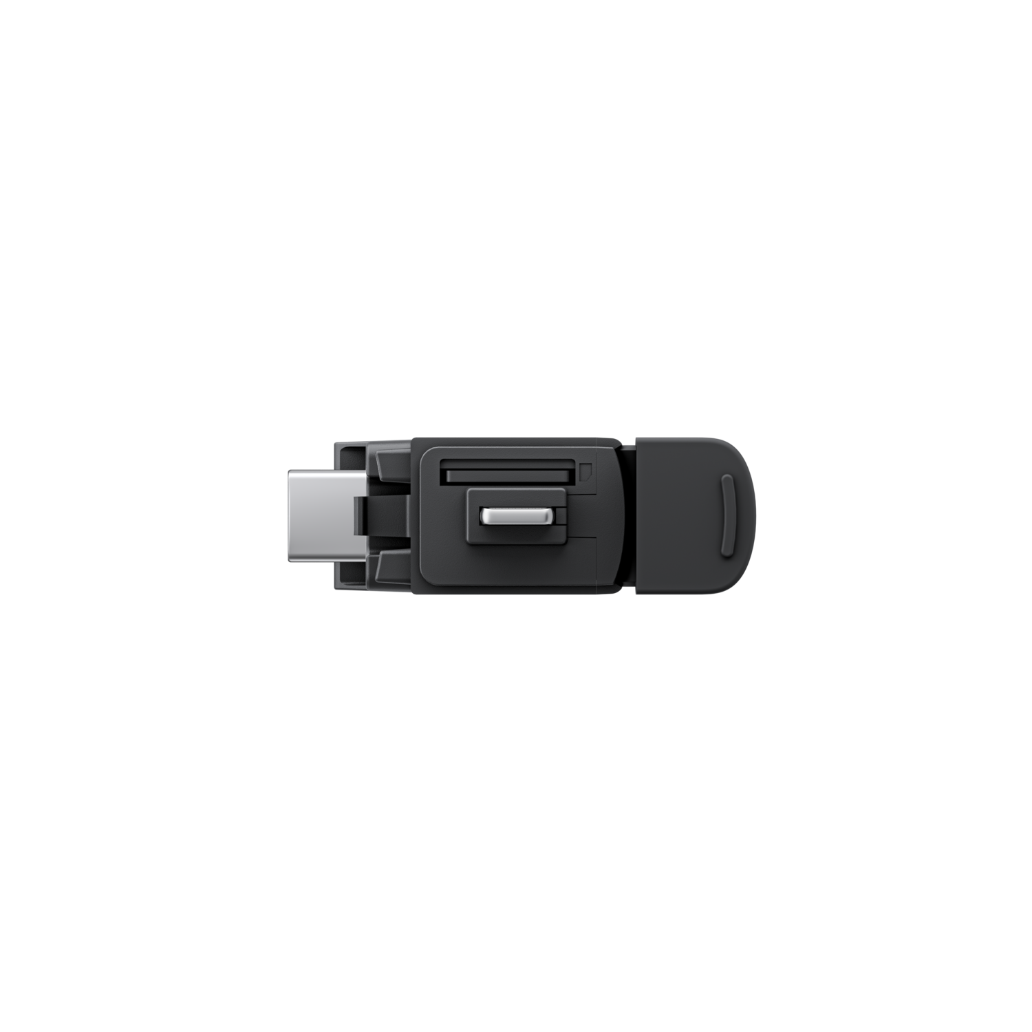 Black USB-C adapter. It is a black, rectangular device with a slot.