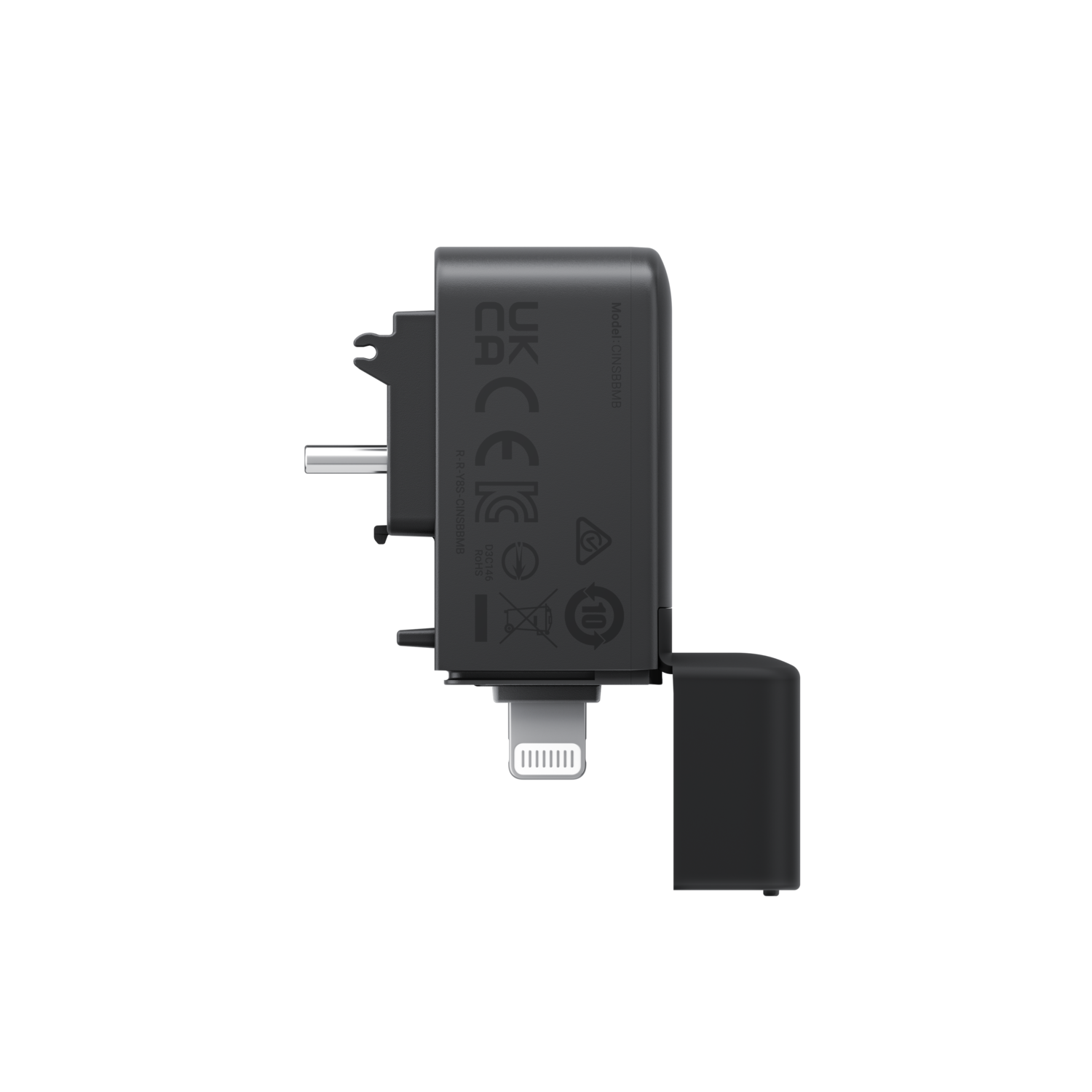 A black, rectangular power adapter with a plug, USB port, and a charging port.