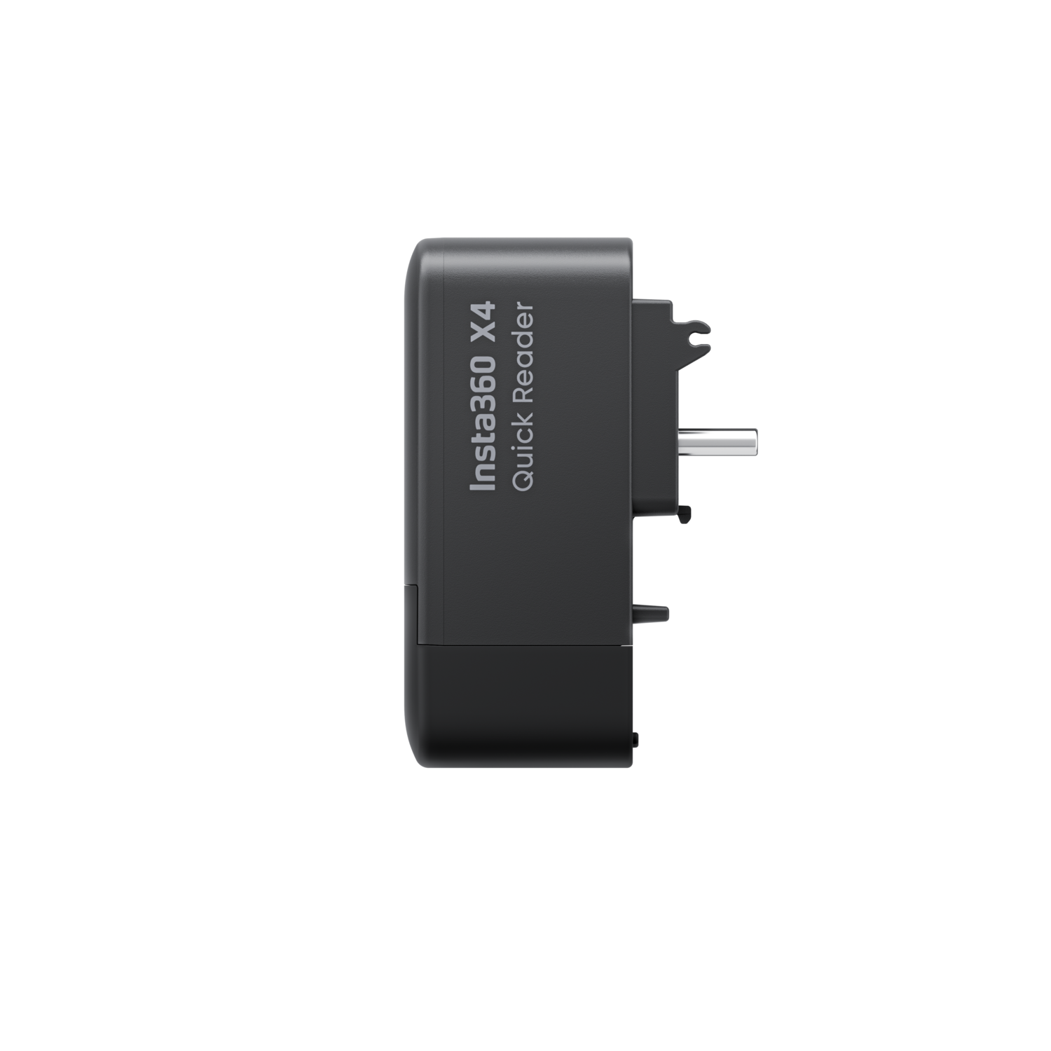Insta360 X4 Quick Reader, black, side view on a black background.