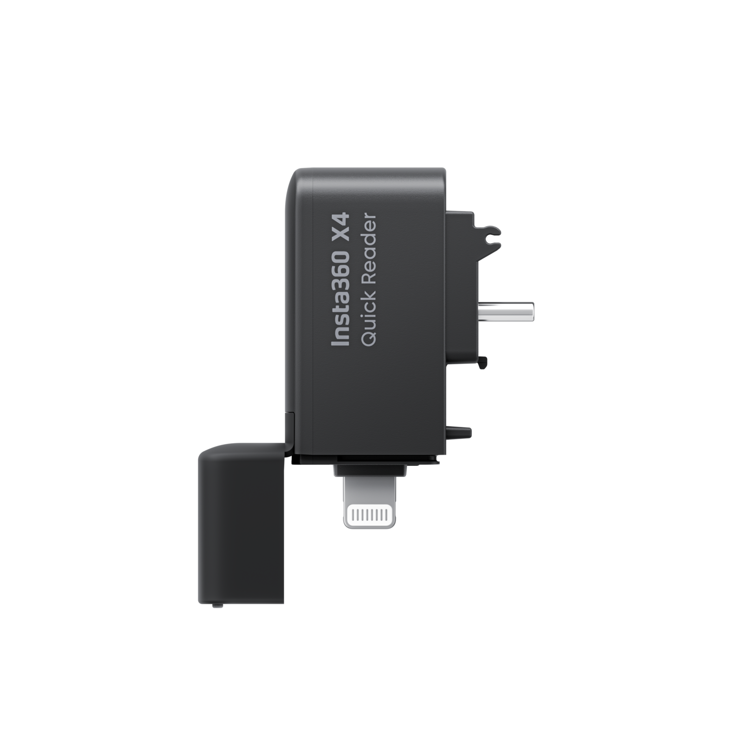 Black Insta360 X4 Quick Reader with a Lightning port, open, on black background.
