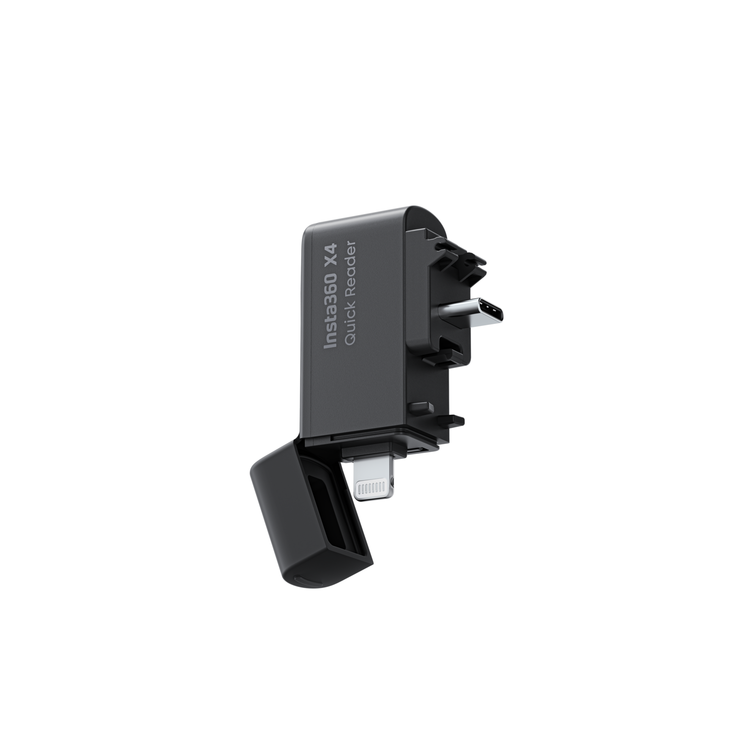 Black Insta360 X4 Quick Reader, open, on black background, with a lightning port.