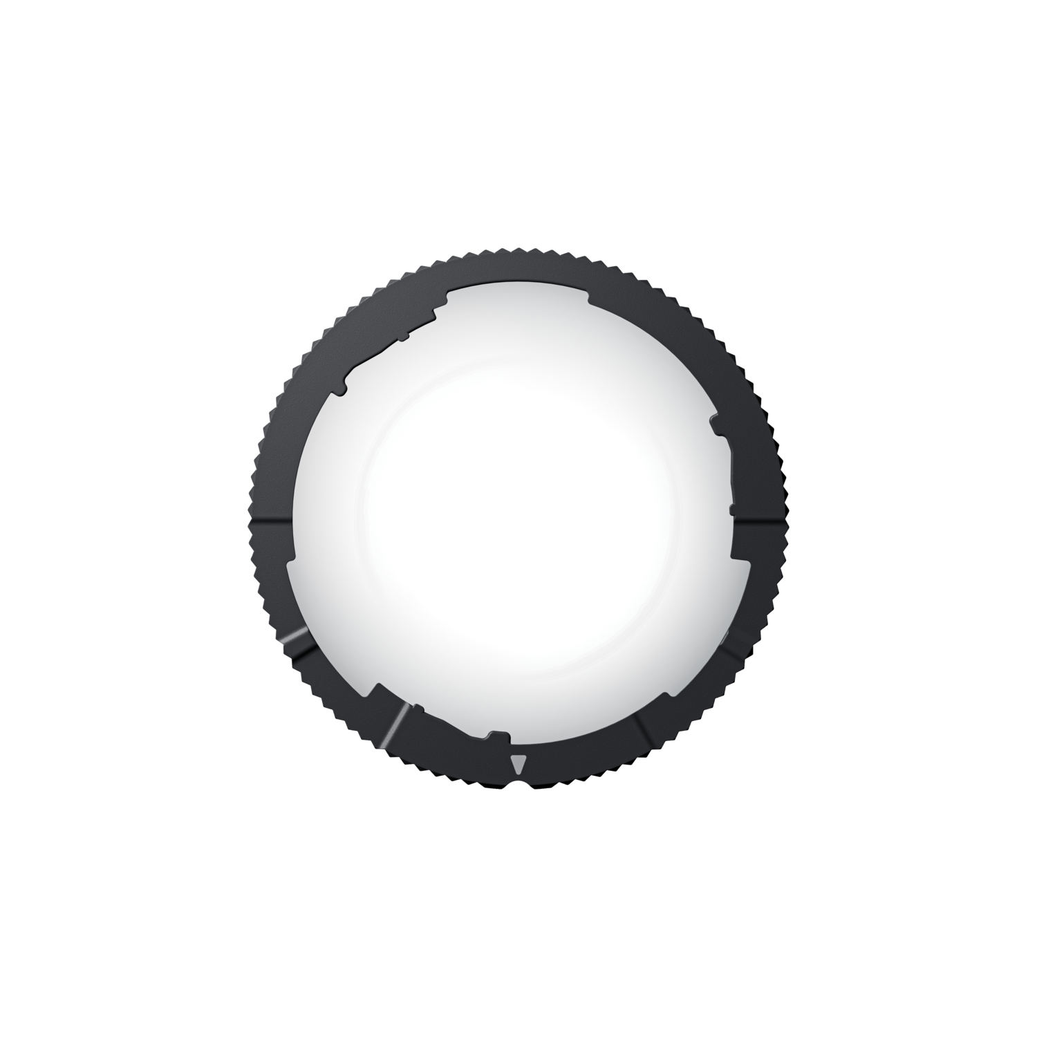 Circular lens or light fixture, black frame, white interior. Top down view.