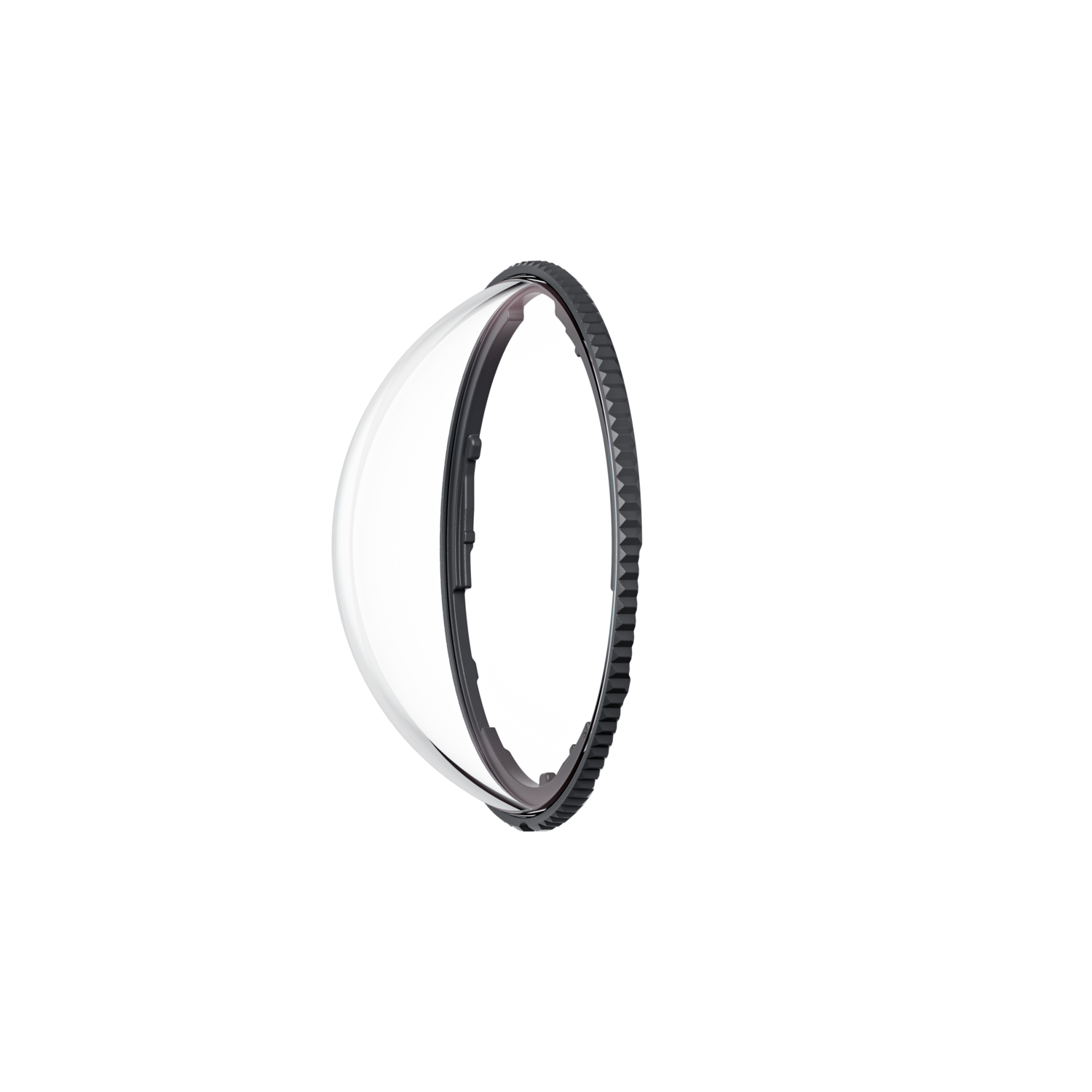 A transparent dome lens with a black, ridged edge.