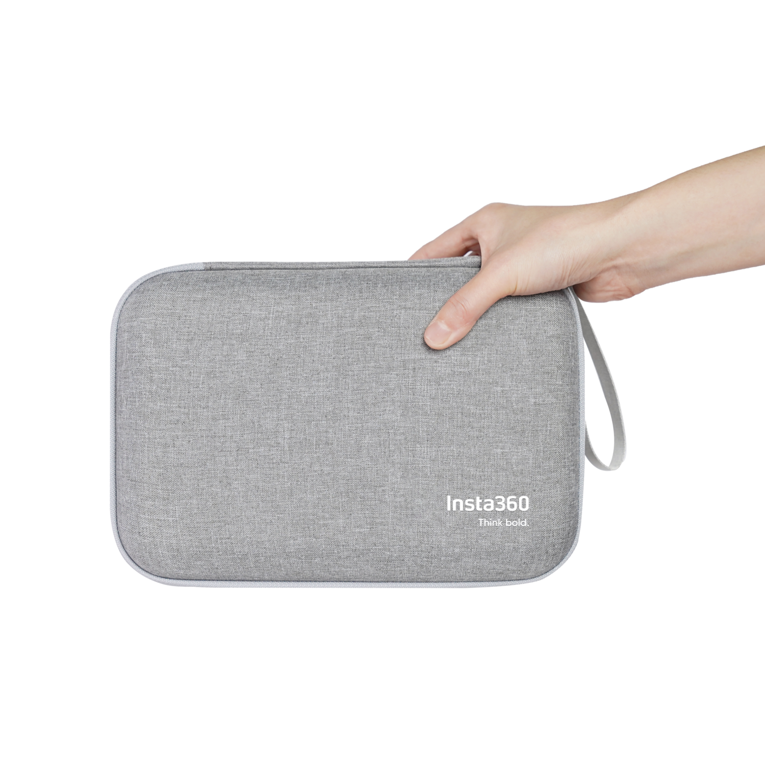 A gray case held by a hand, with the Insta360 logo.