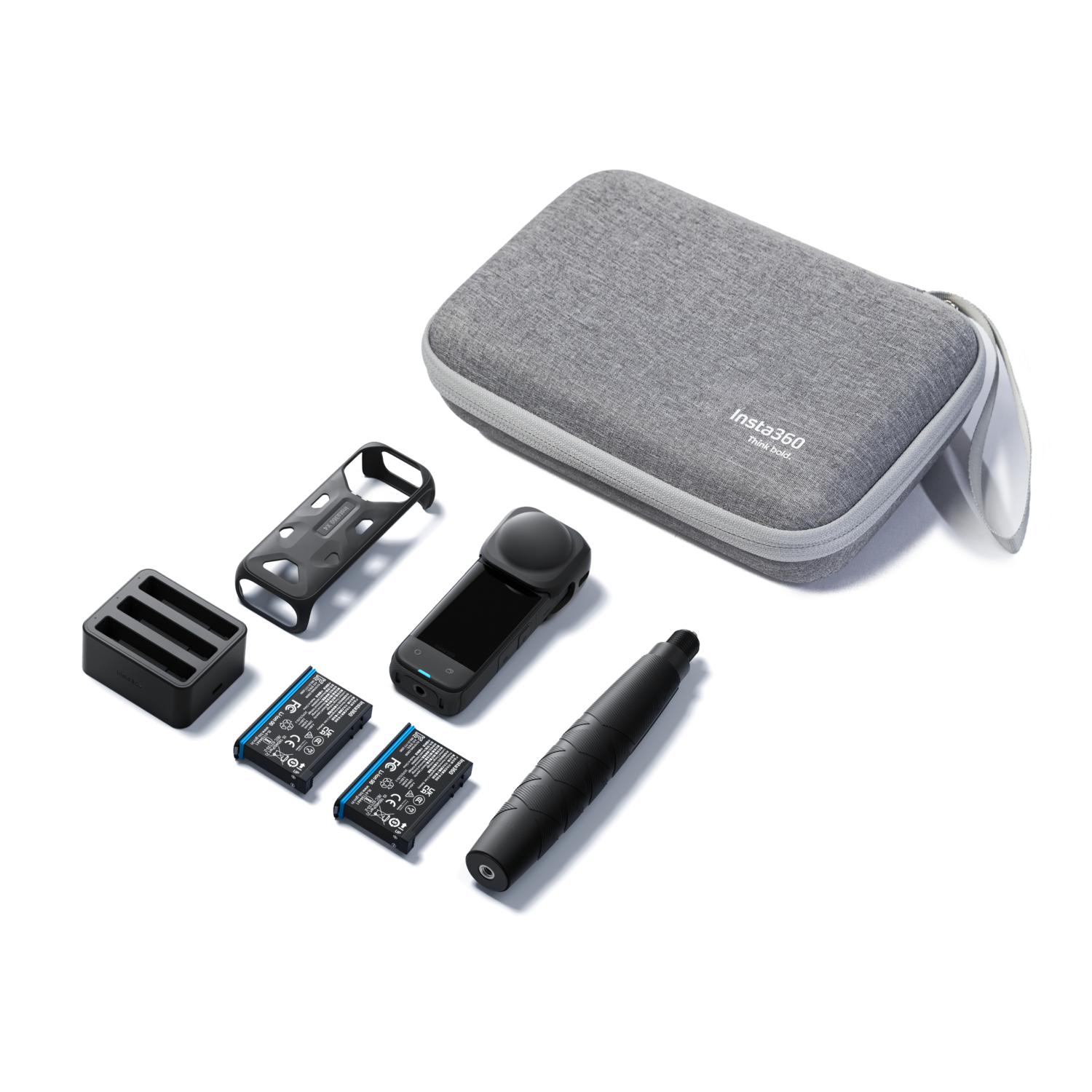 A camera and accessories in a gray case.