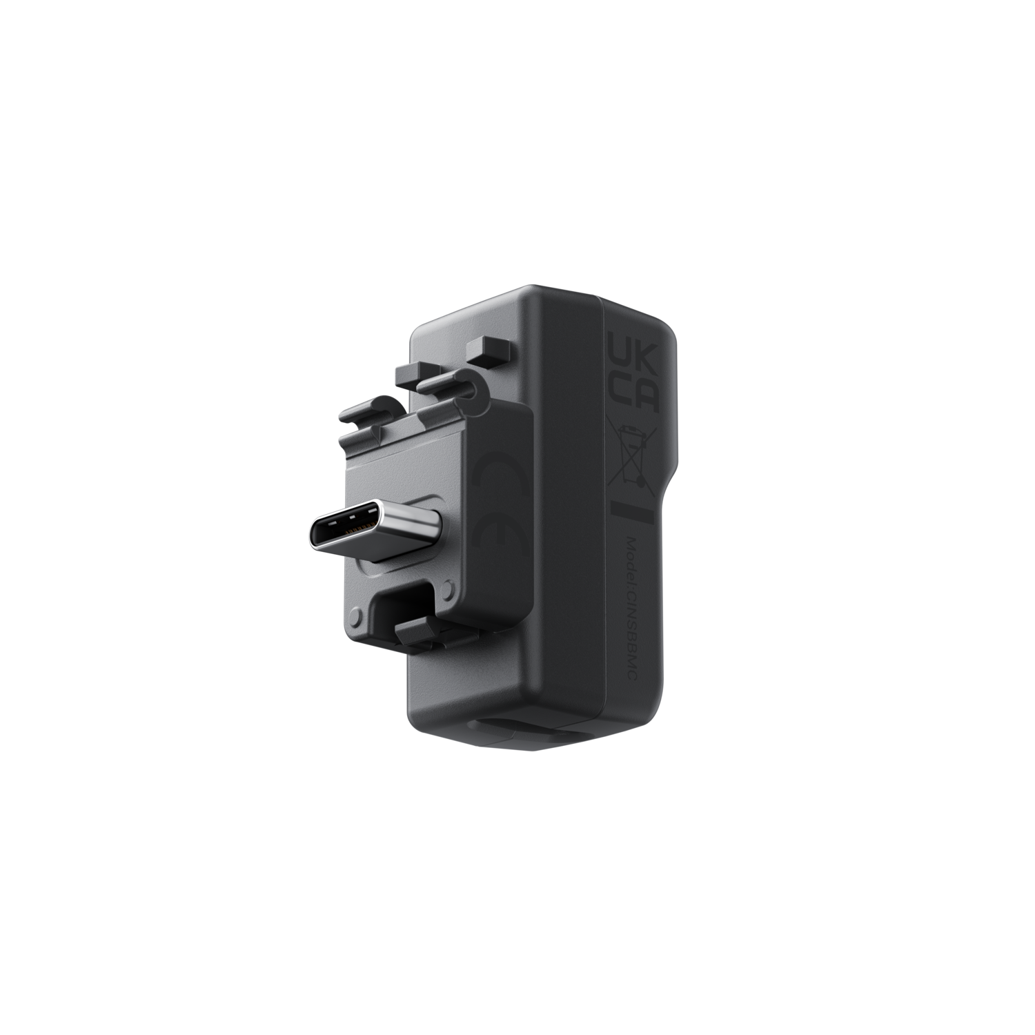 Zwarte adapter met een USB-C poort. Bevat UKCA-markering.