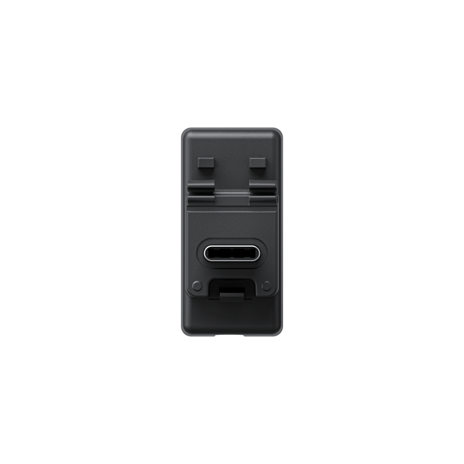 Een zwart, rechthoekig apparaat met een USB-C-poort, tegen een zwarte achtergrond.
