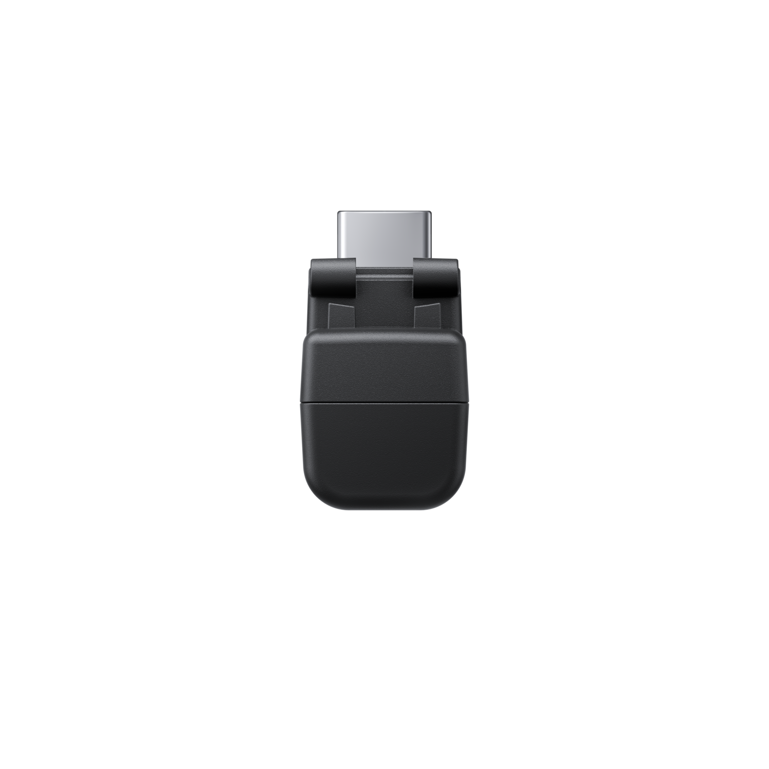 Zwarte USB-C adapter. De adapter staat tegen een zwarte achtergrond.