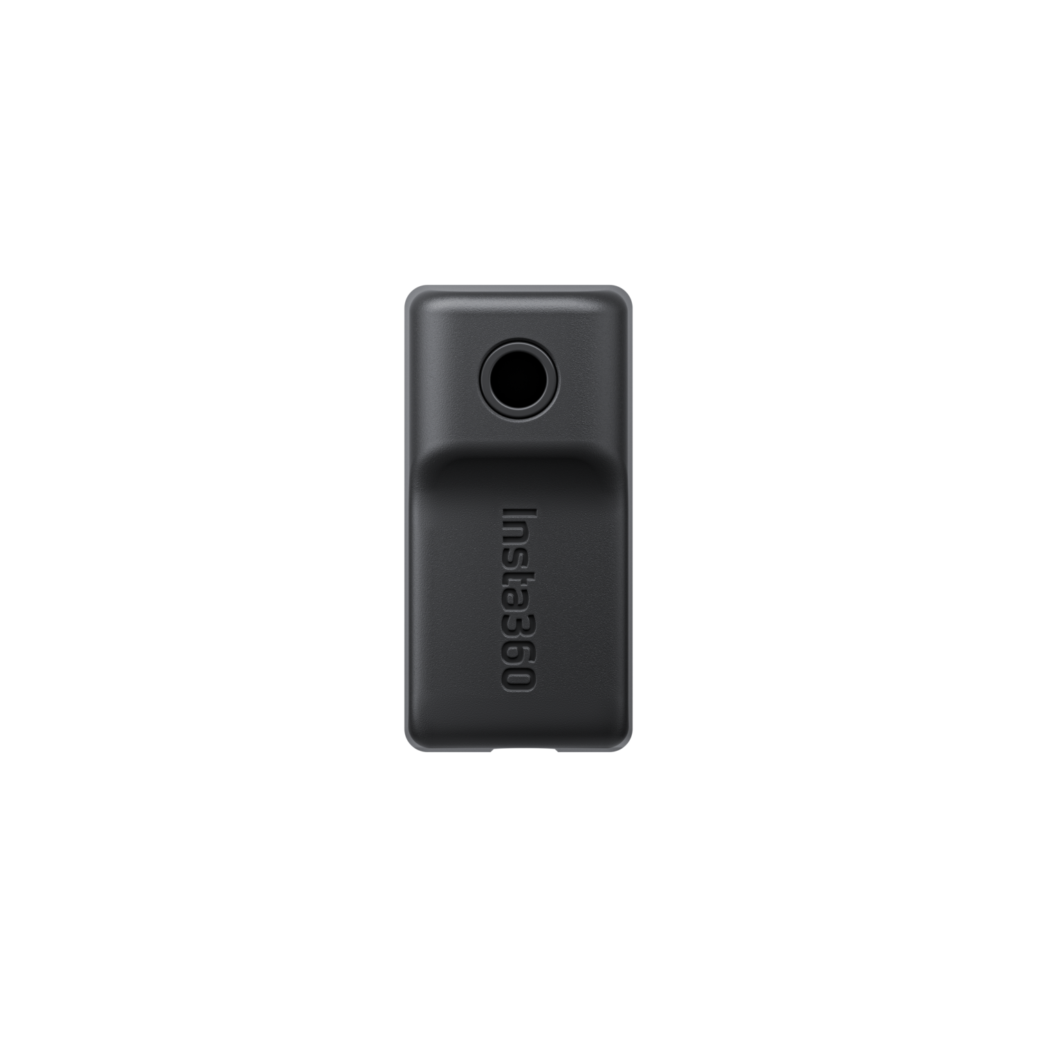 Zwart Insta360 accessoire. Rechthoekige vorm met een gat bovenop. Zwarte achtergrond.