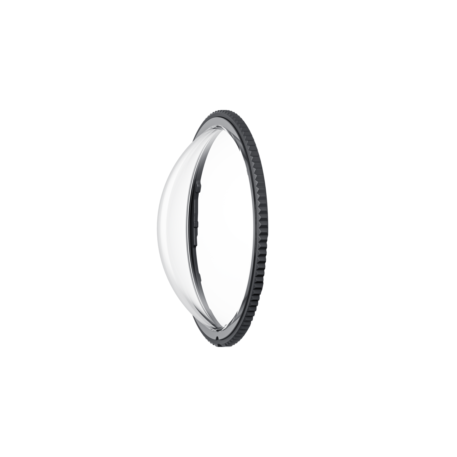 A clear watch lens with a dark textured edge, floating in a black background.