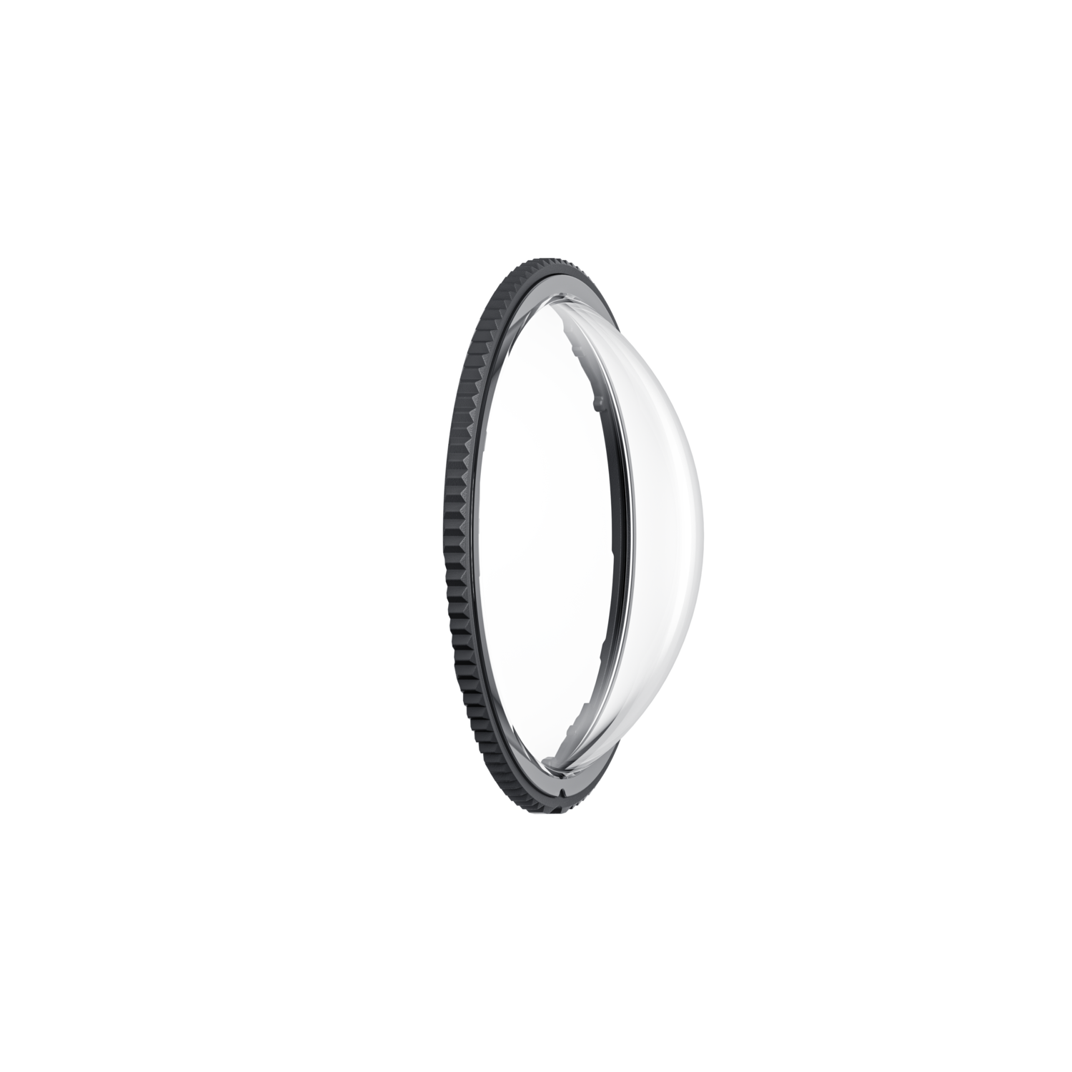A clear, glass-like lens. It is circular with a black, ridged frame.