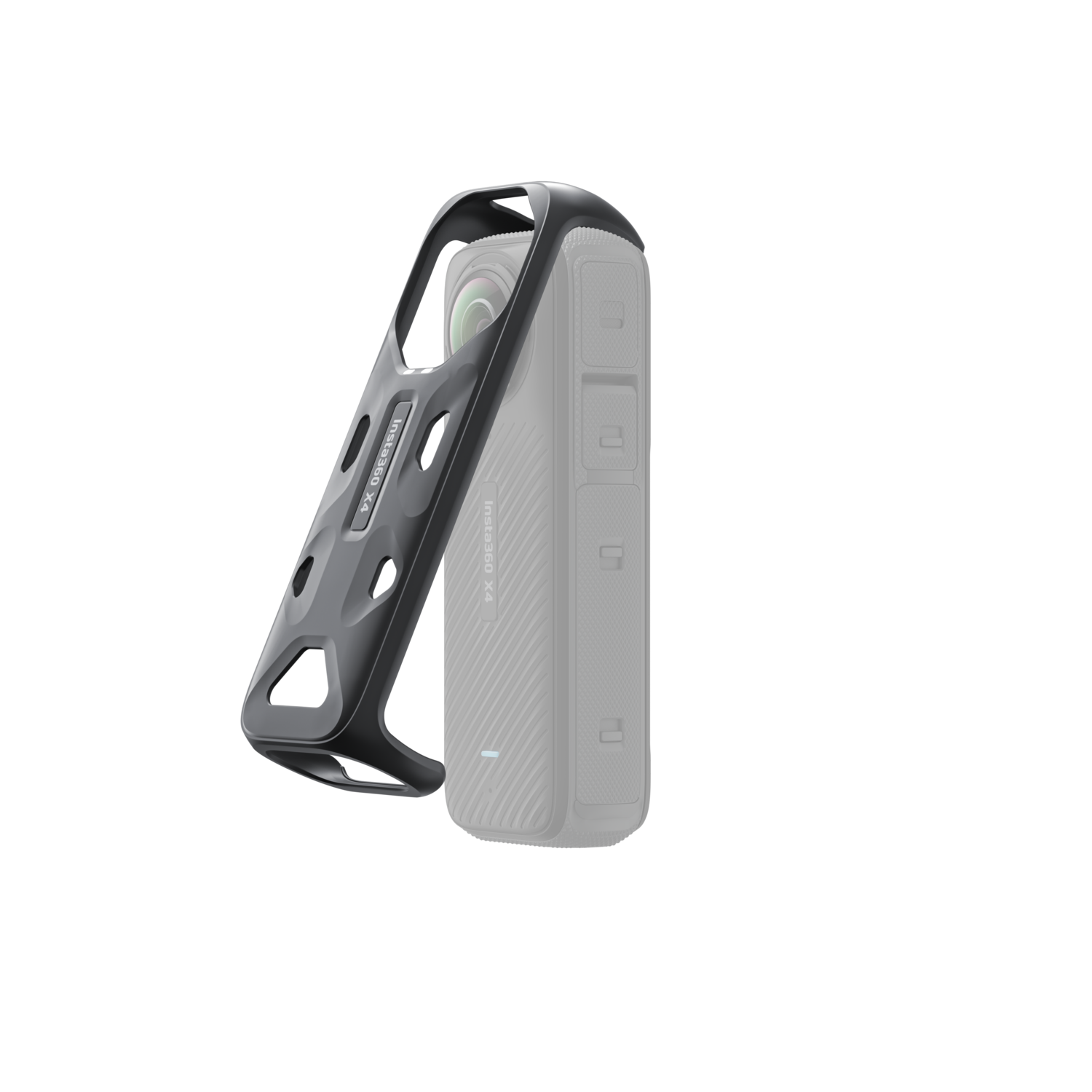 Black protective cage around a camera, on a black background.