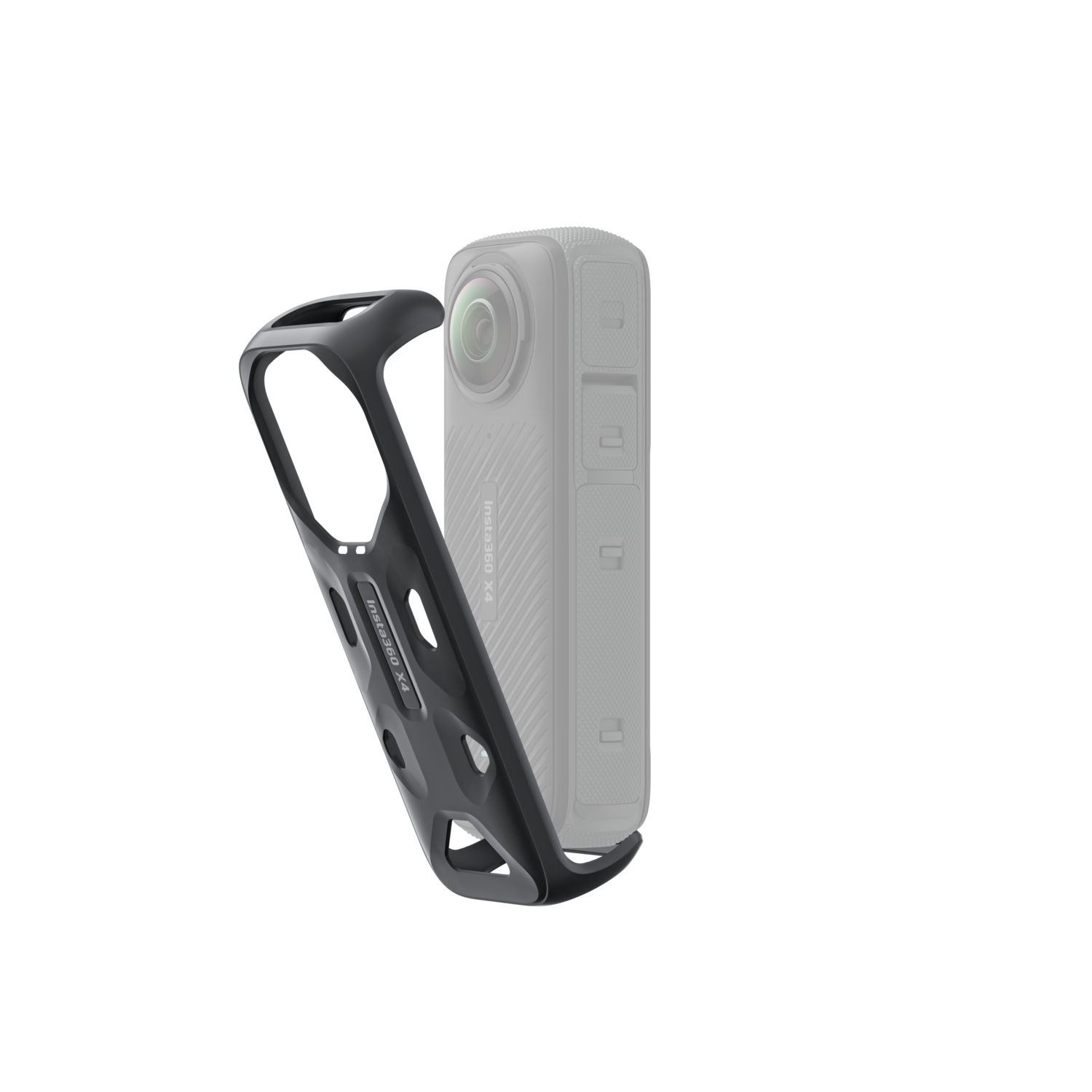 Black camera case with a camera inside. Insta360 X4 on the side. Case is black, camera is gray.