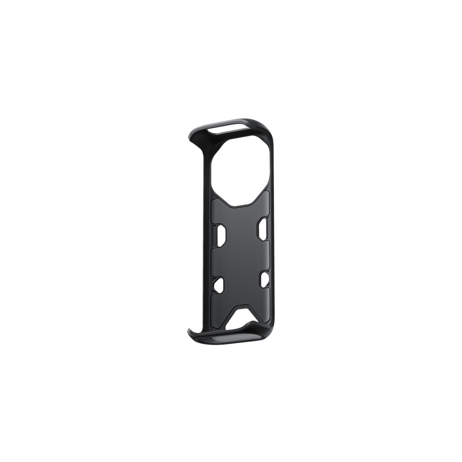 Black protective case with a unique design against a black background.