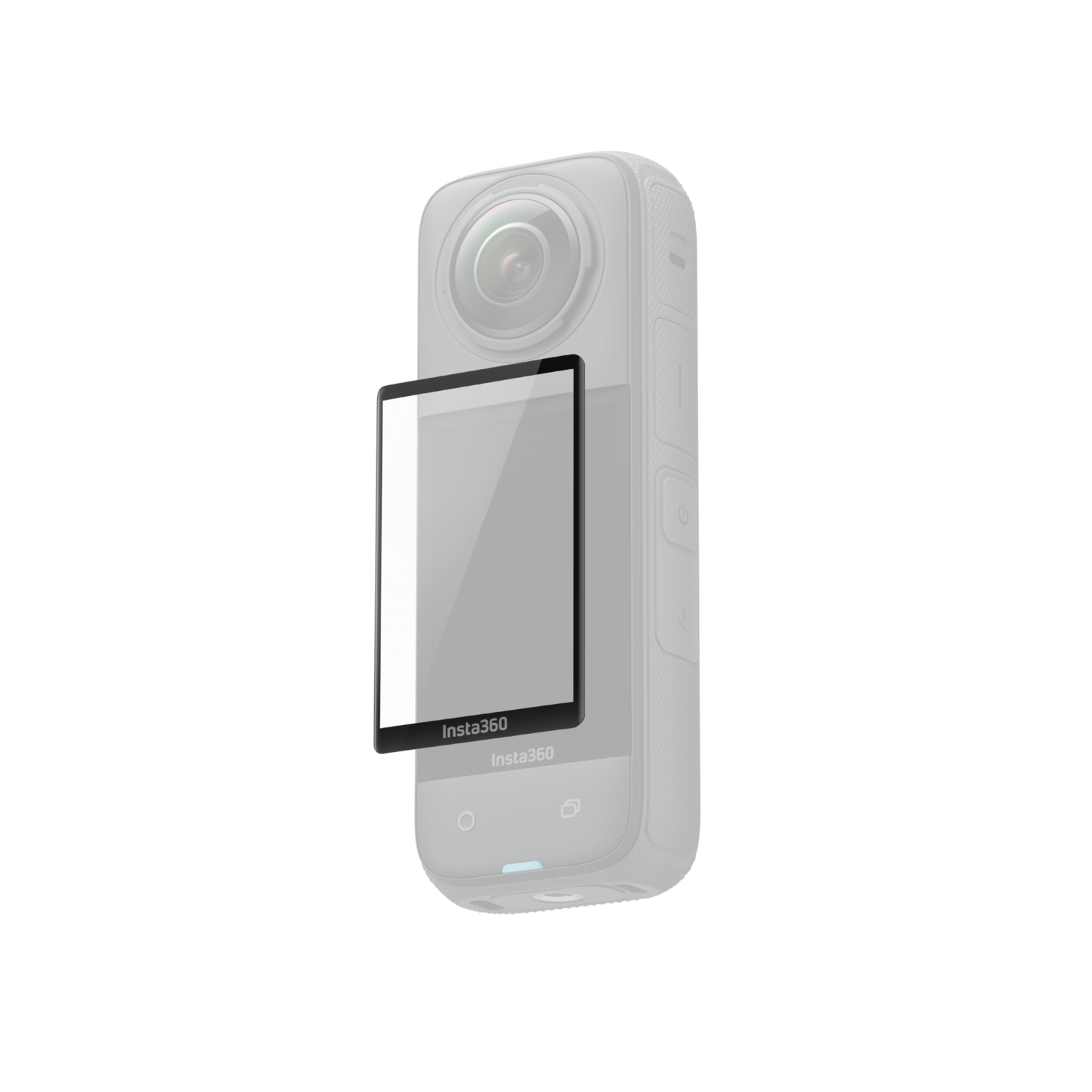 Grijze 360 camera met een zwarte schermbeschermer.
