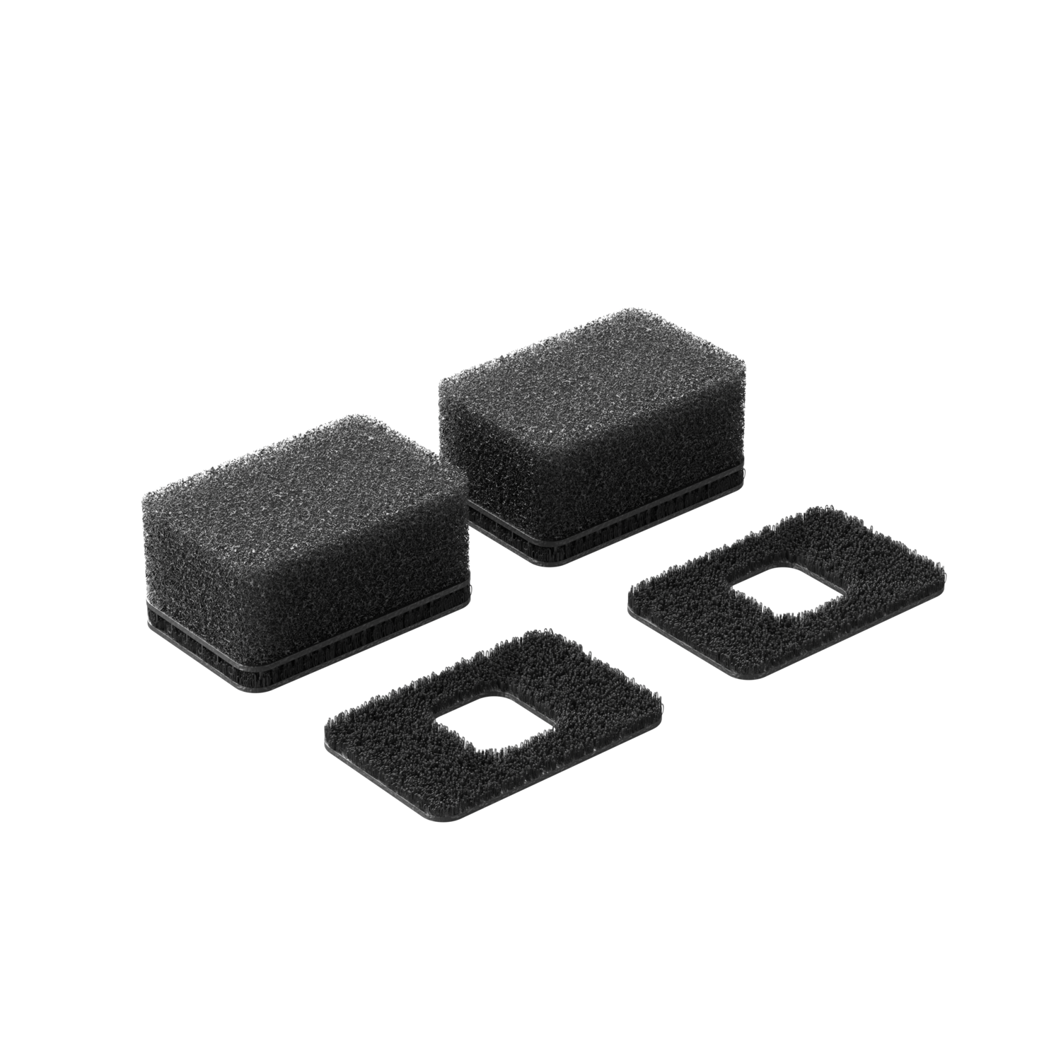 Two black foam blocks and two black square filters on a black background.