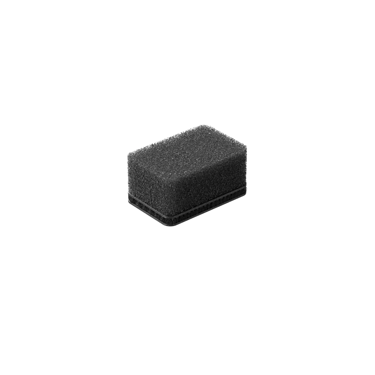 A black cleaning sponge on a black background. It is rectangular and textured.