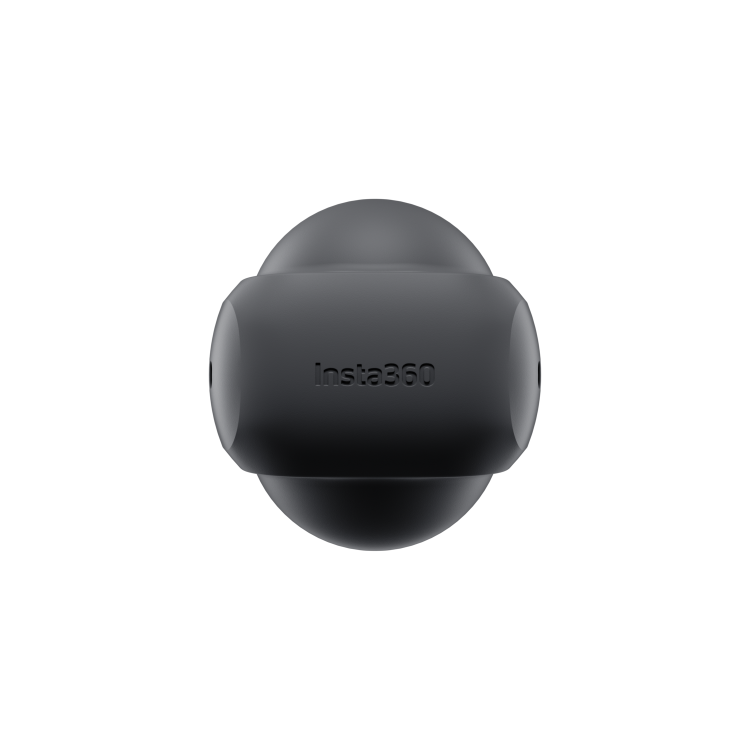 Zwarte Insta360 camera, bolvormig, zwarte achtergrond.