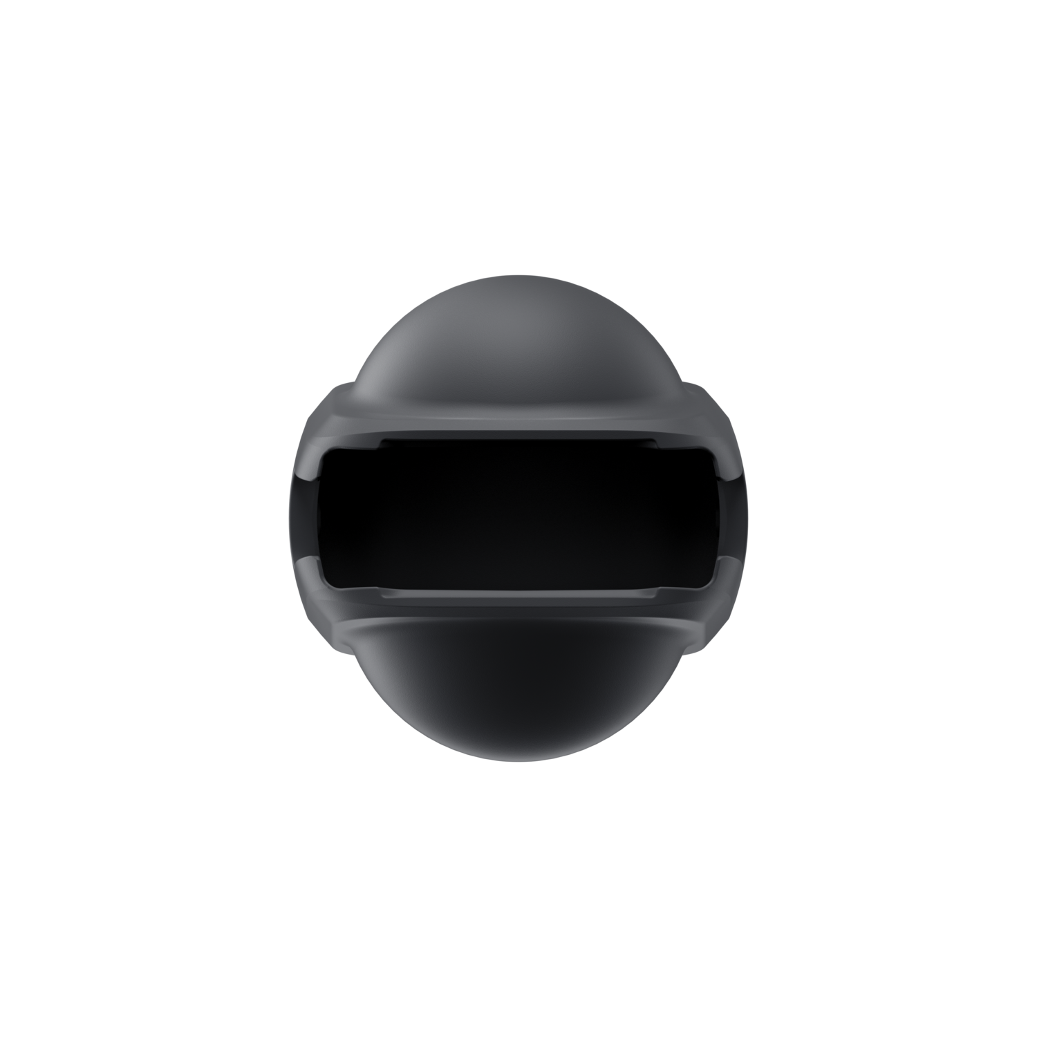 Zwarte VR-headset. Ovaalvormig met een rechthoekige opening. Zwarte achtergrond.